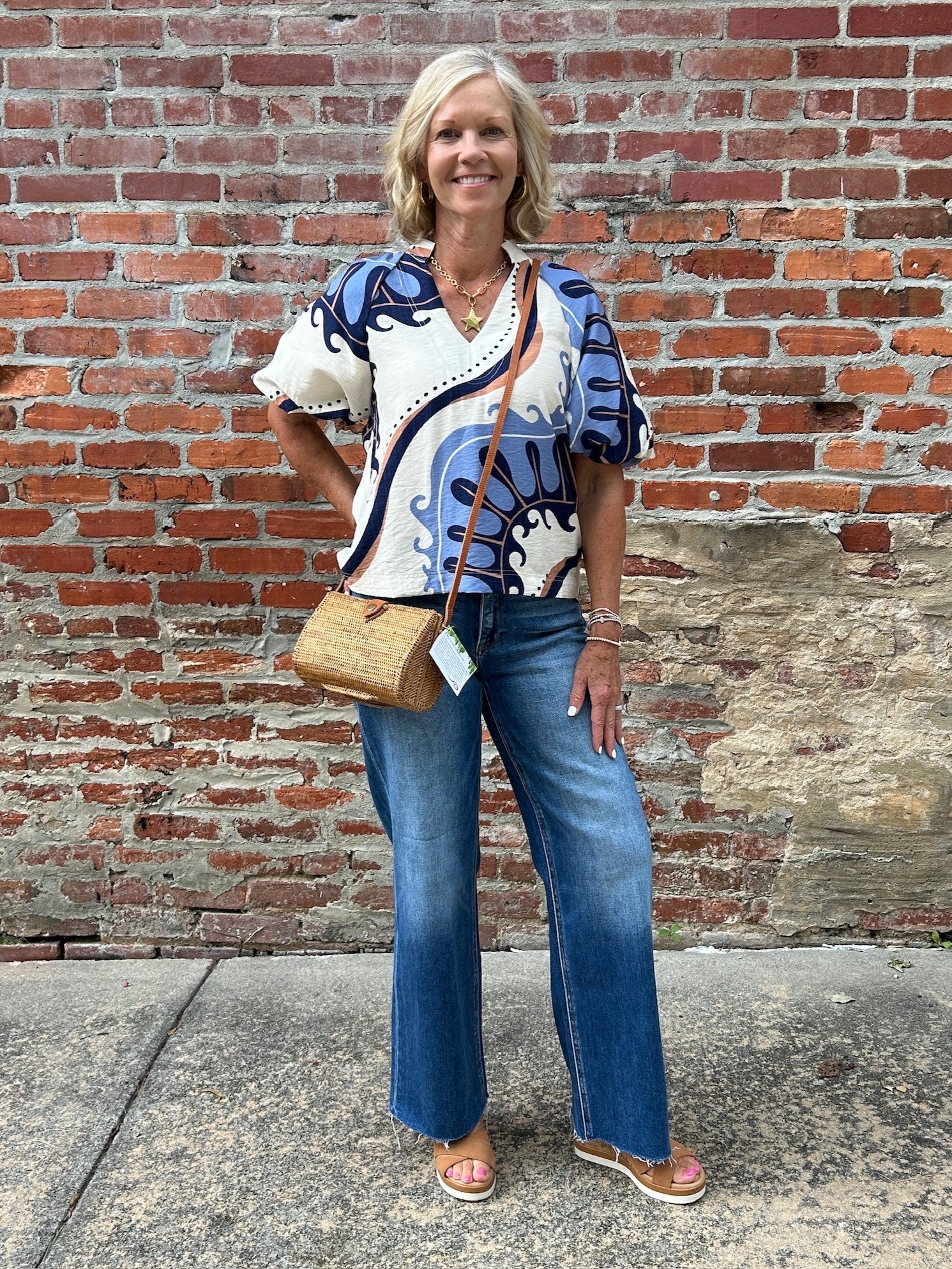 Abstract Print Top w/ Puff Sleeves