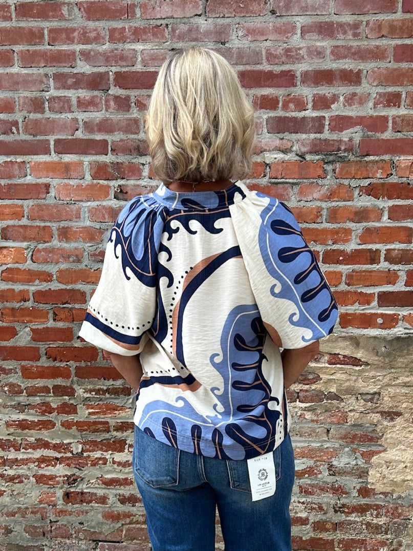 Abstract Print Top w/ Puff Sleeves