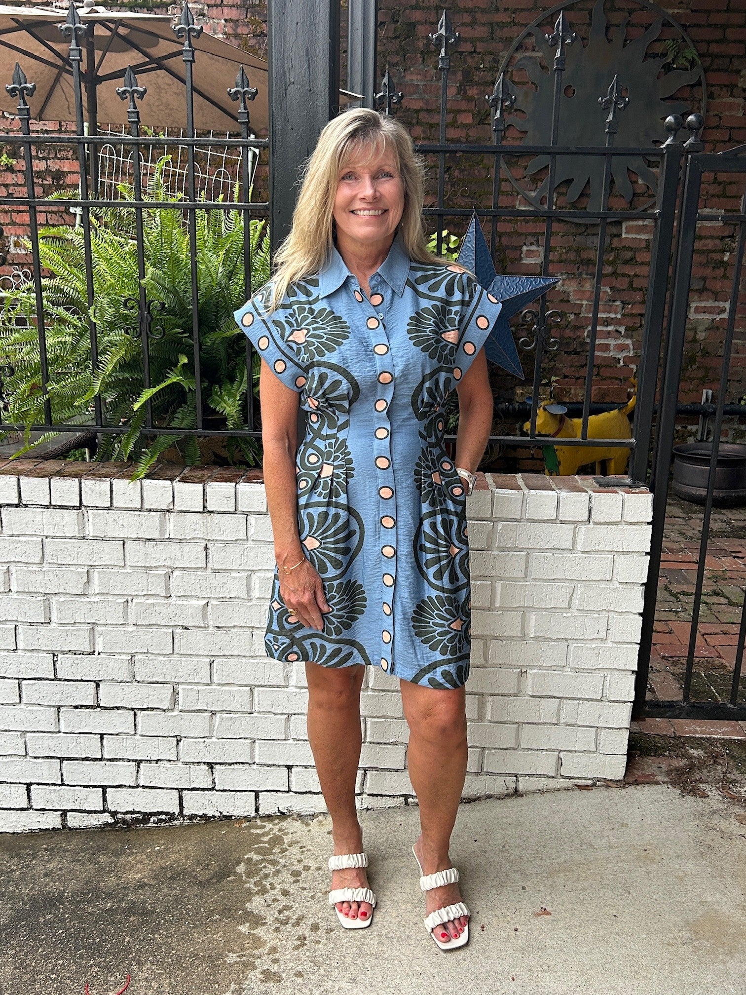 Abstract Floral Print Dress in Blue & Coral