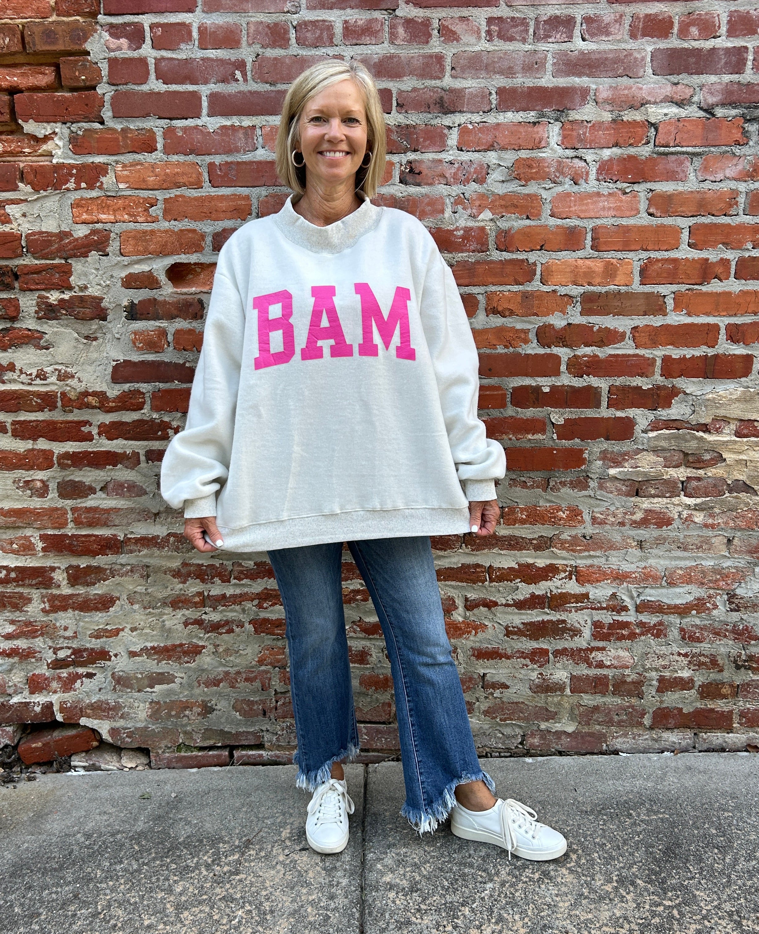 "MAHJ" & "BAM" Reversible Mock Neck Sweatshirt in Light Gray