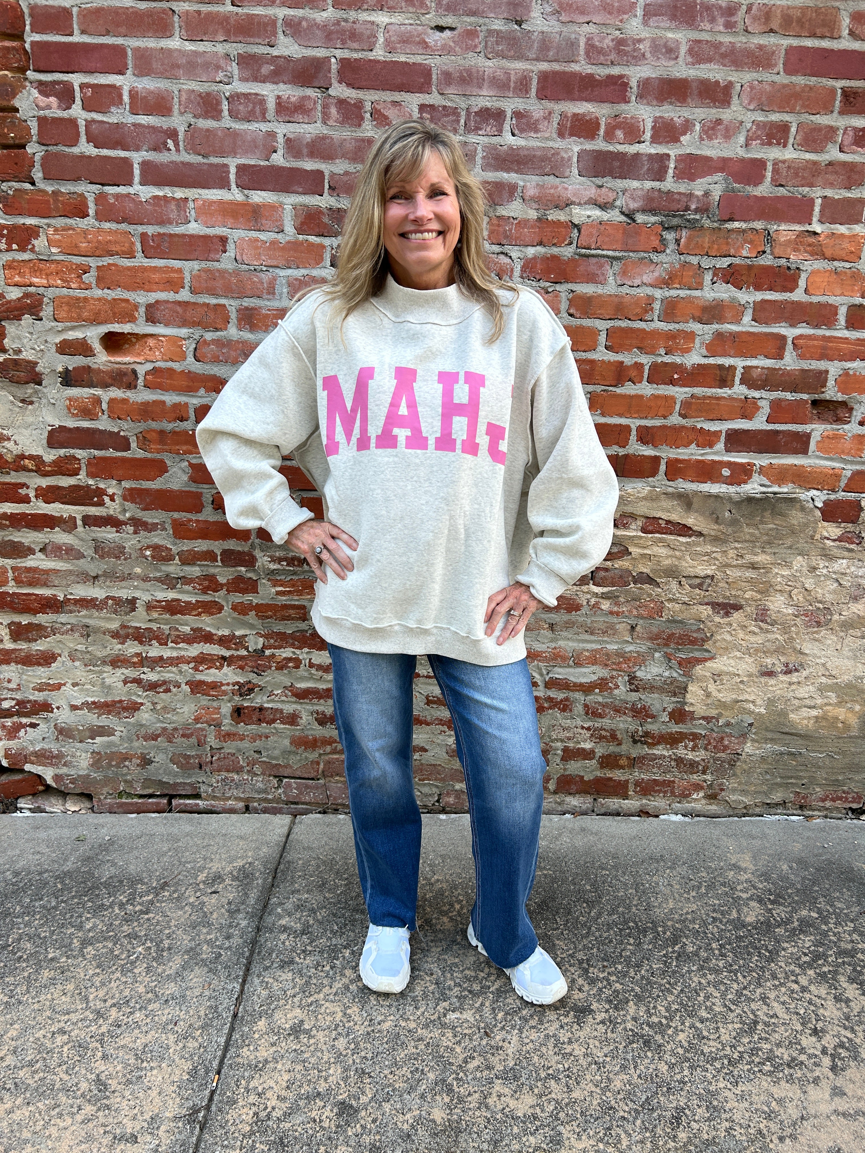 "MAHJ" & "BAM" Reversible Mock Neck Sweatshirt in Light Gray