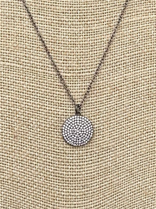 Gunmetal Necklace w/ Round Crystal Pendant