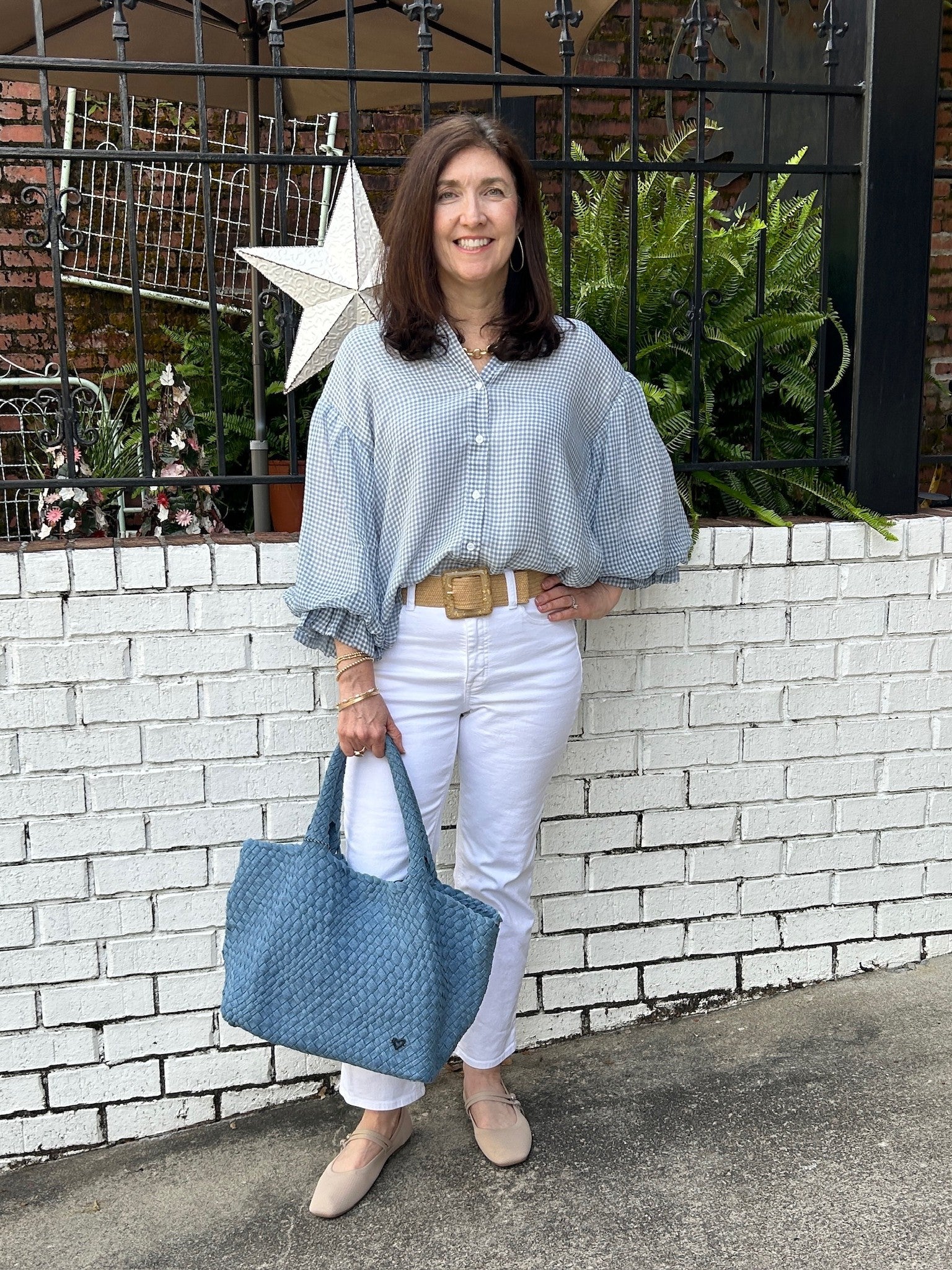 Blue & White Small Checked Button Down Blouse w/ Balloon Sleeves