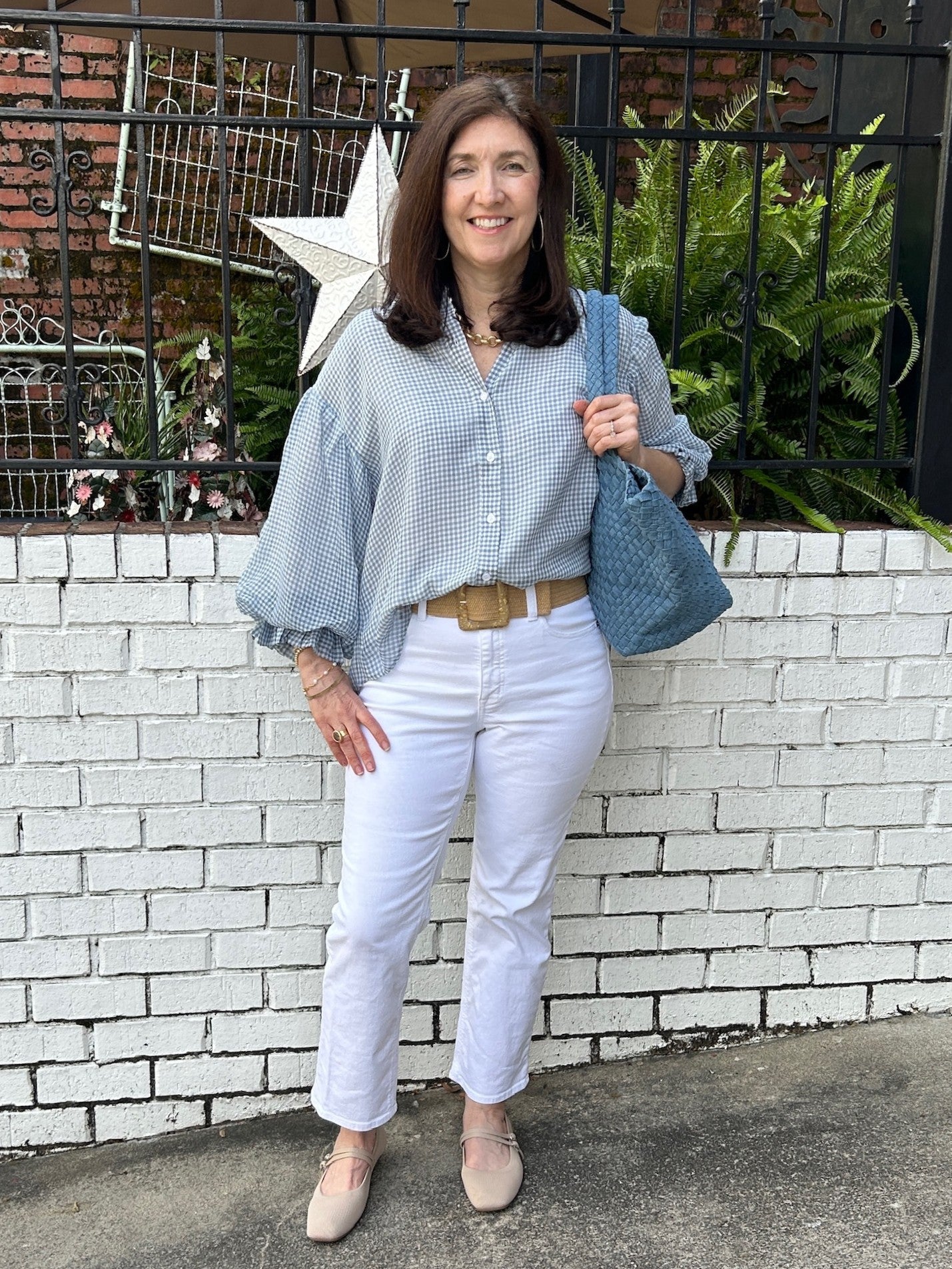 Blue & White Small Checked Button Down Blouse w/ Balloon Sleeves