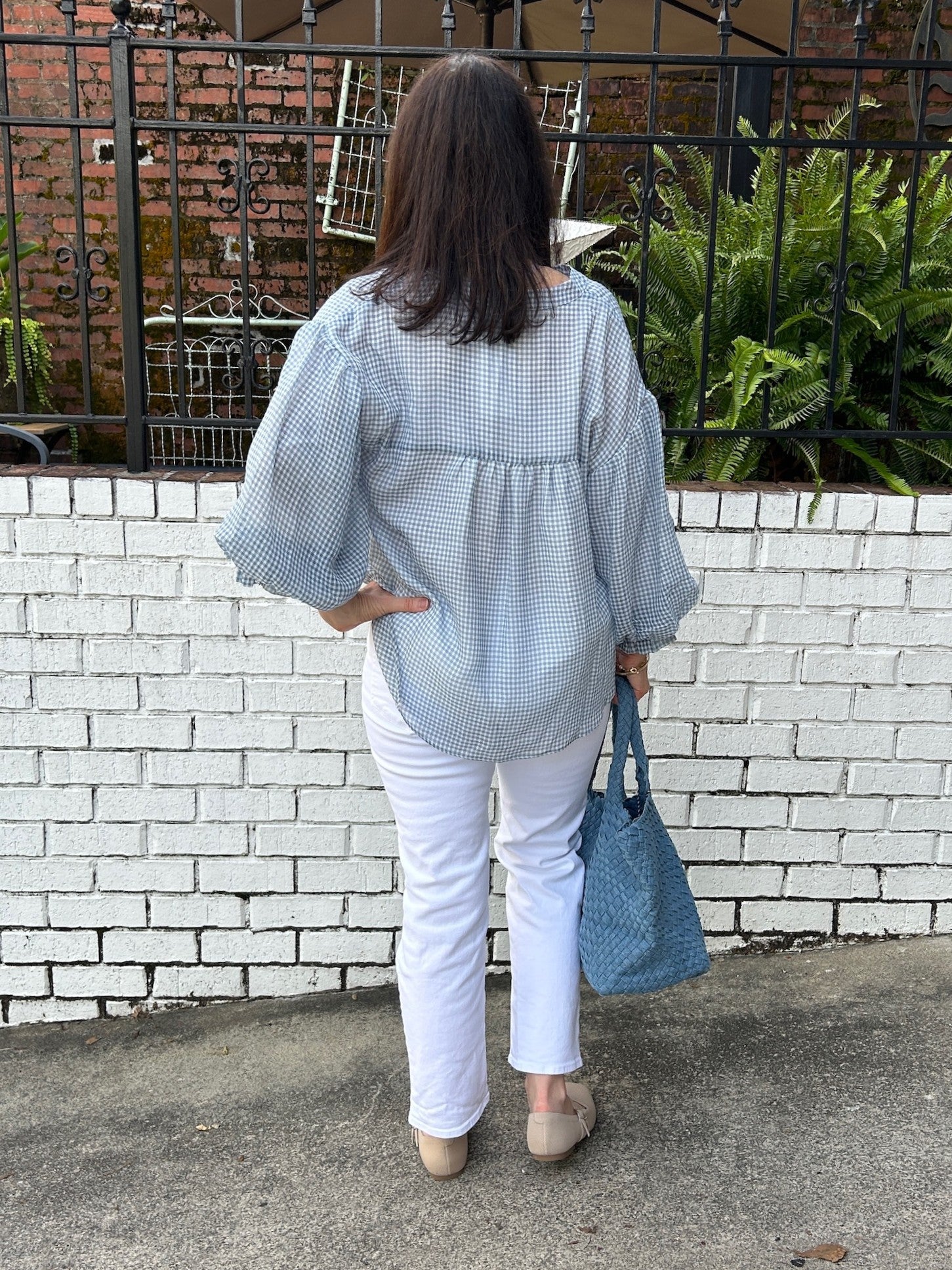 Blue & White Small Checked Button Down Blouse w/ Balloon Sleeves