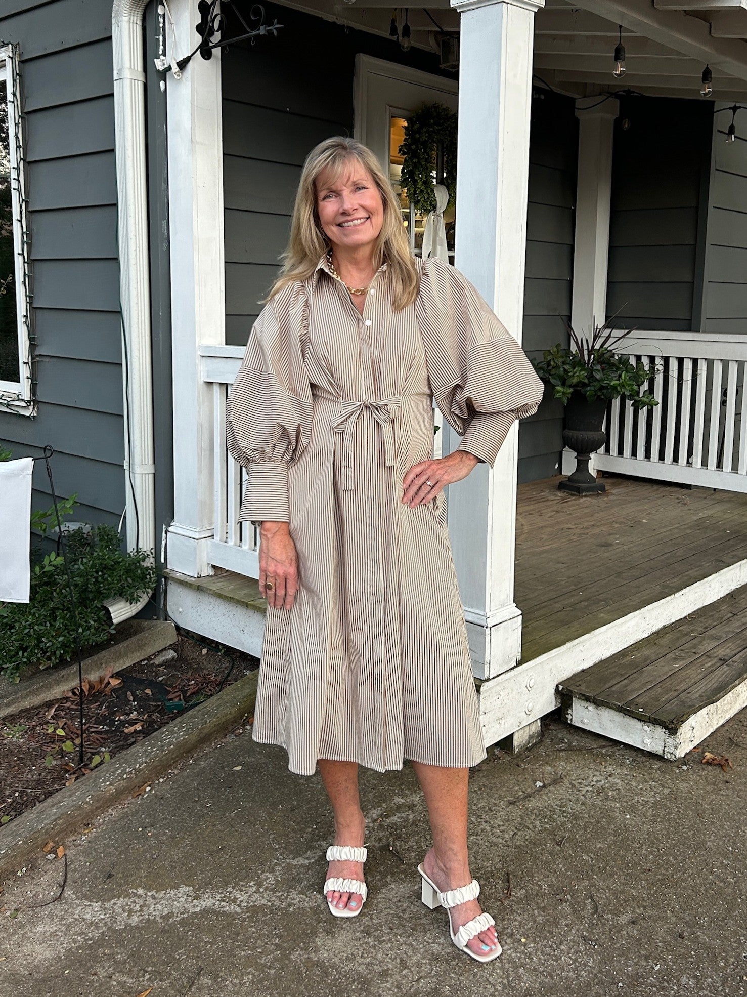 Brown Stripe Balloon Sleeves Midi Dress