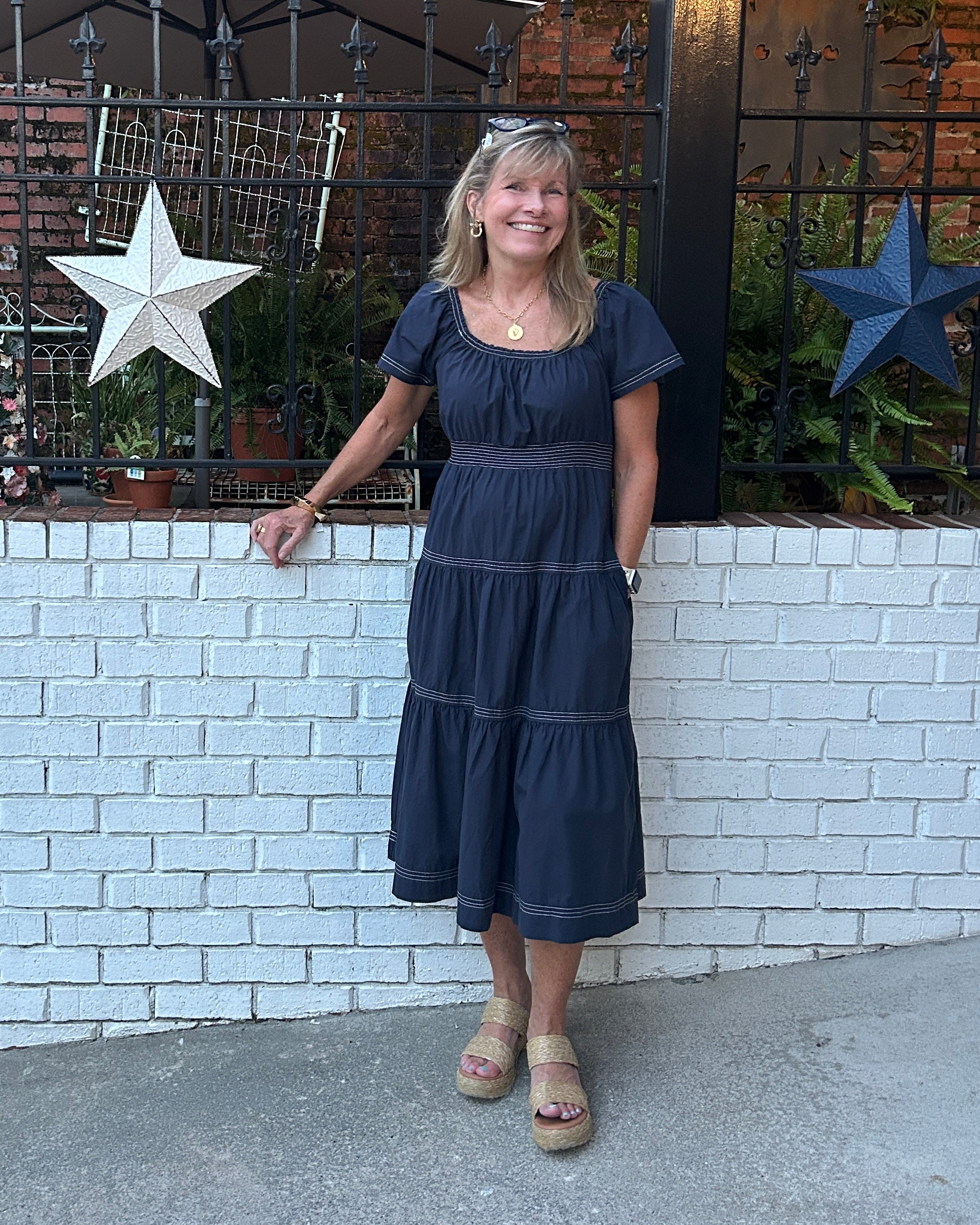 Navy Smocked-Waist Tiered Midi Dress