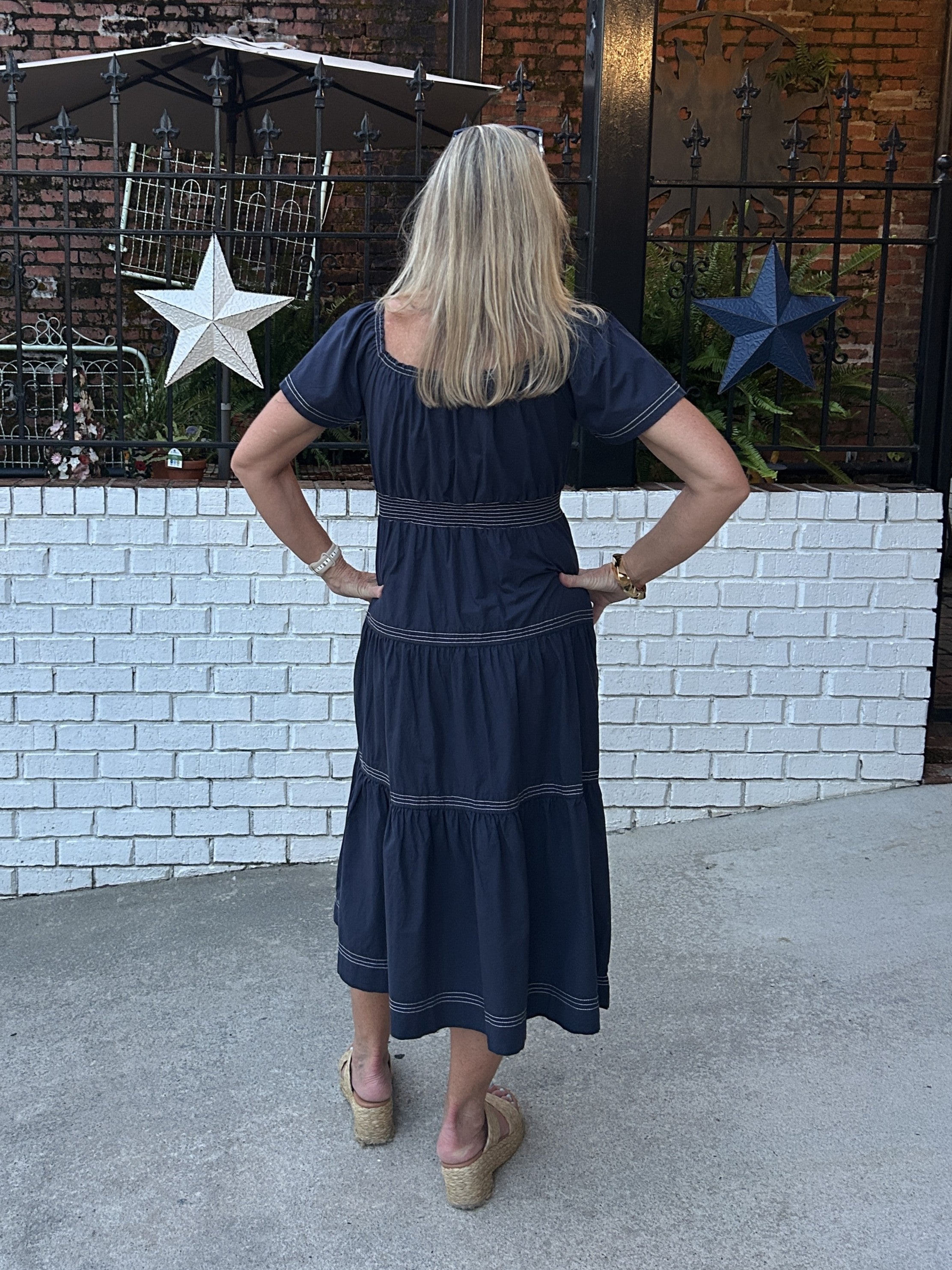 Navy Smocked-Waist Tiered Midi Dress