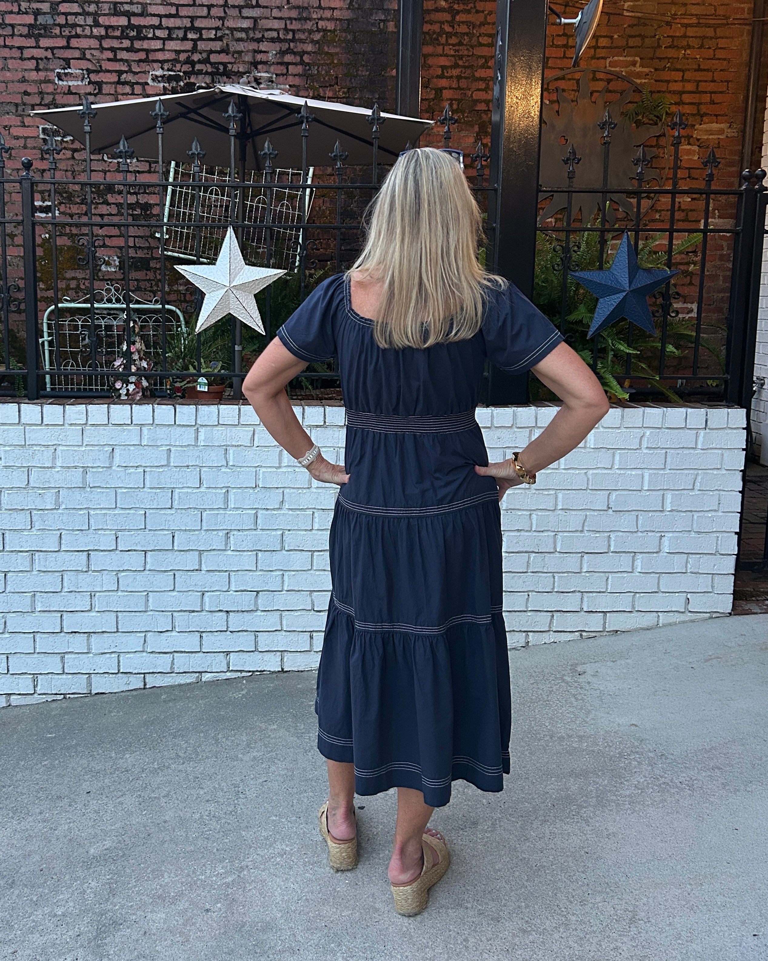Navy Smocked-Waist Tiered Midi Dress