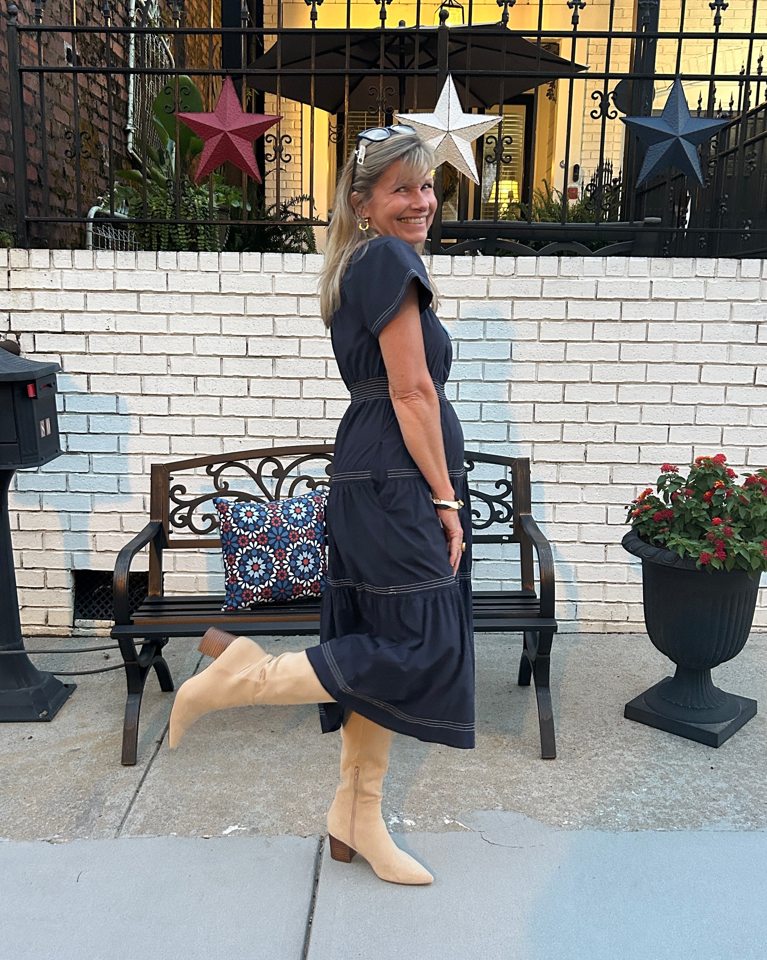 Navy Smocked-Waist Tiered Midi Dress