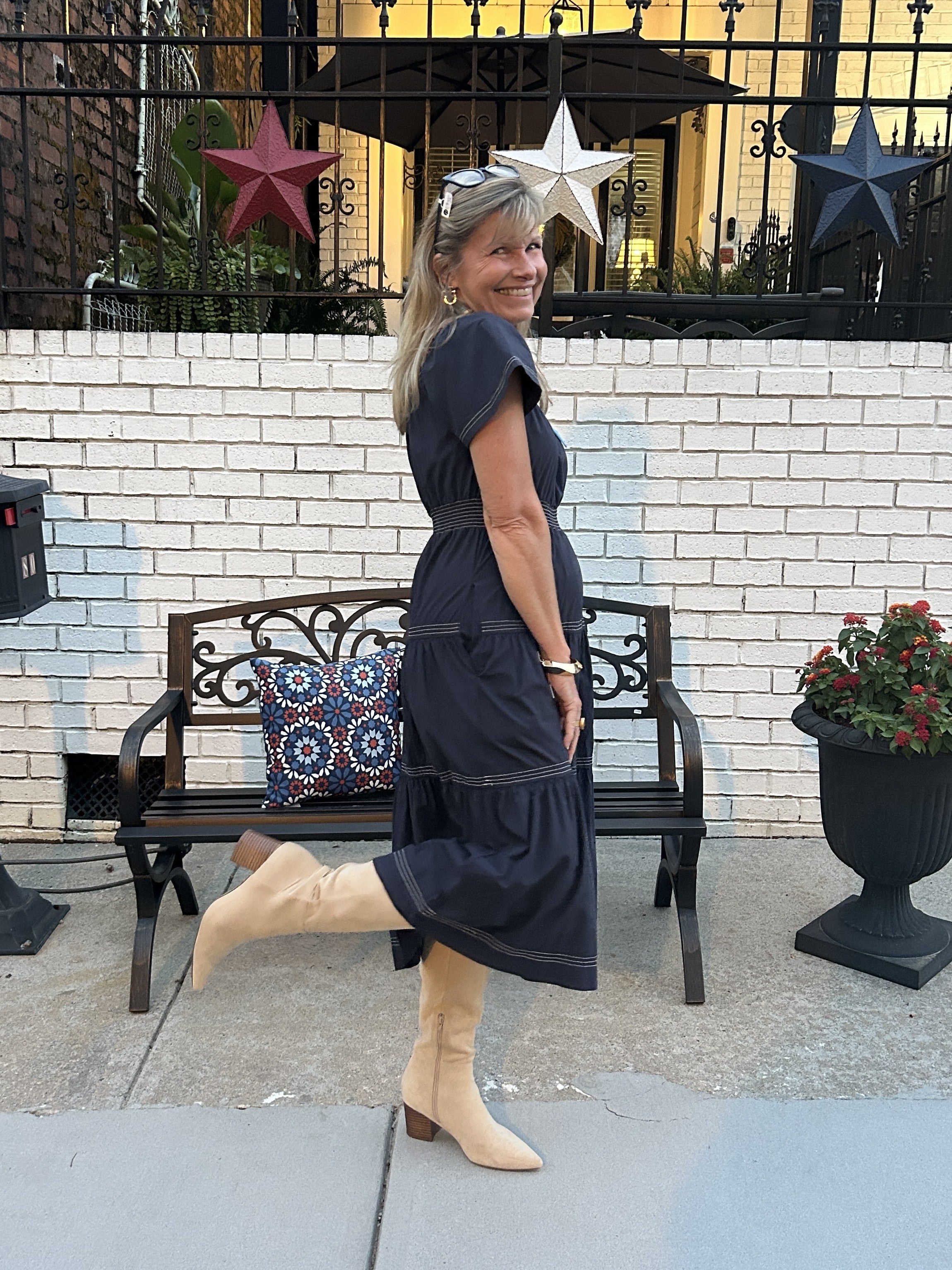 Navy Smocked-Waist Tiered Midi Dress