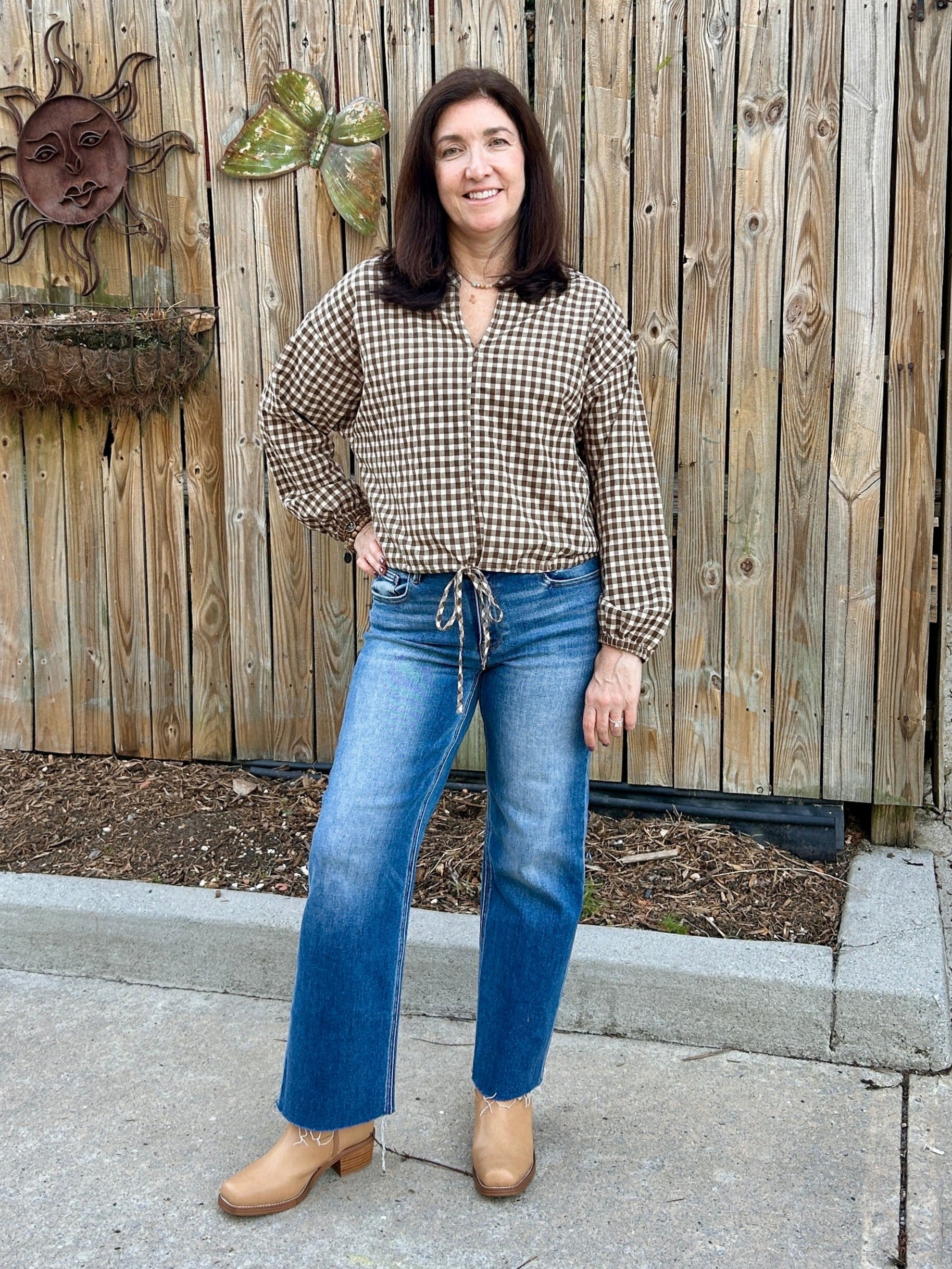 Brown & Cream Gingham Checked Top with Drawstring