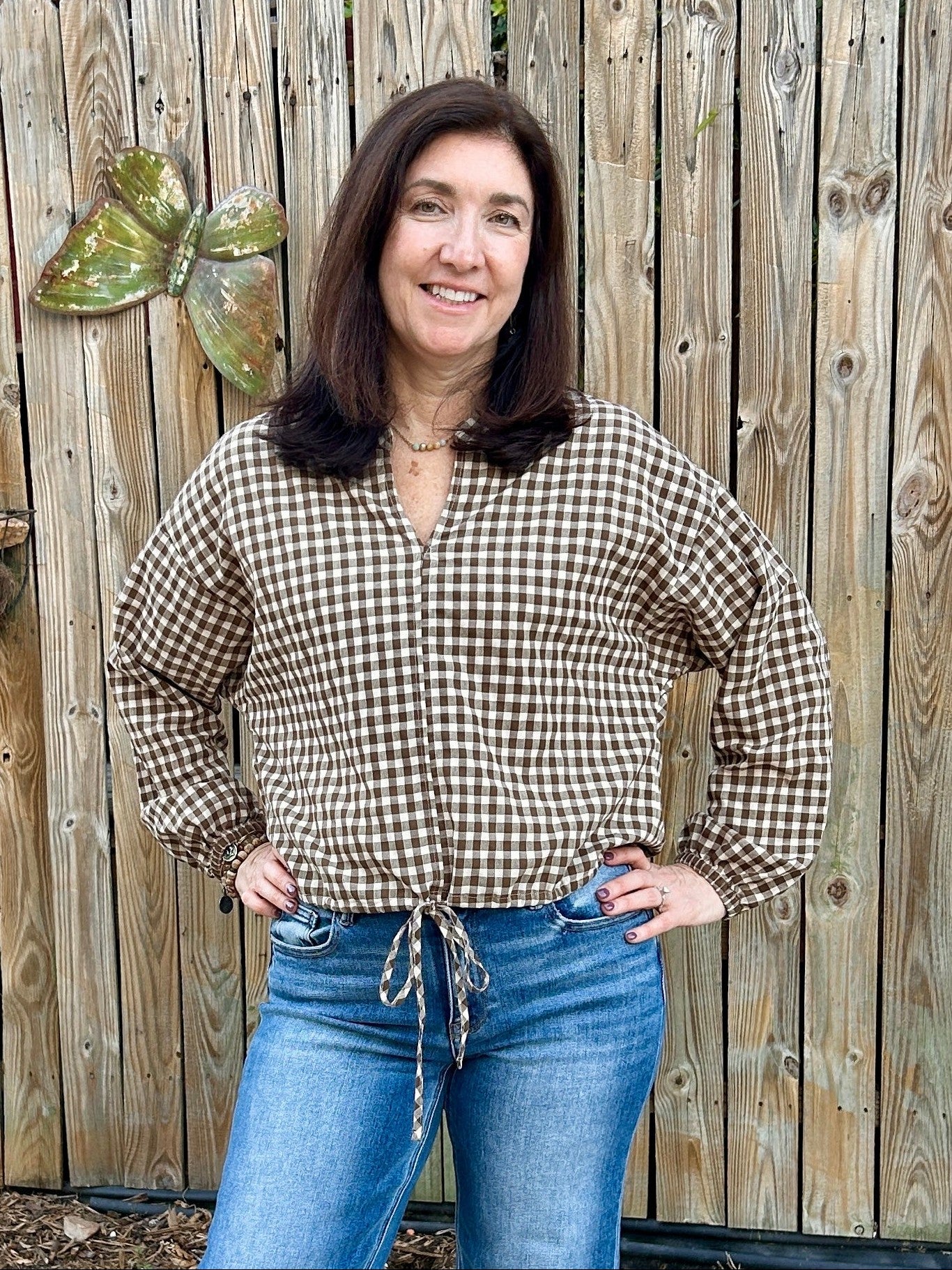 Brown & Cream Gingham Checked Top with Drawstring