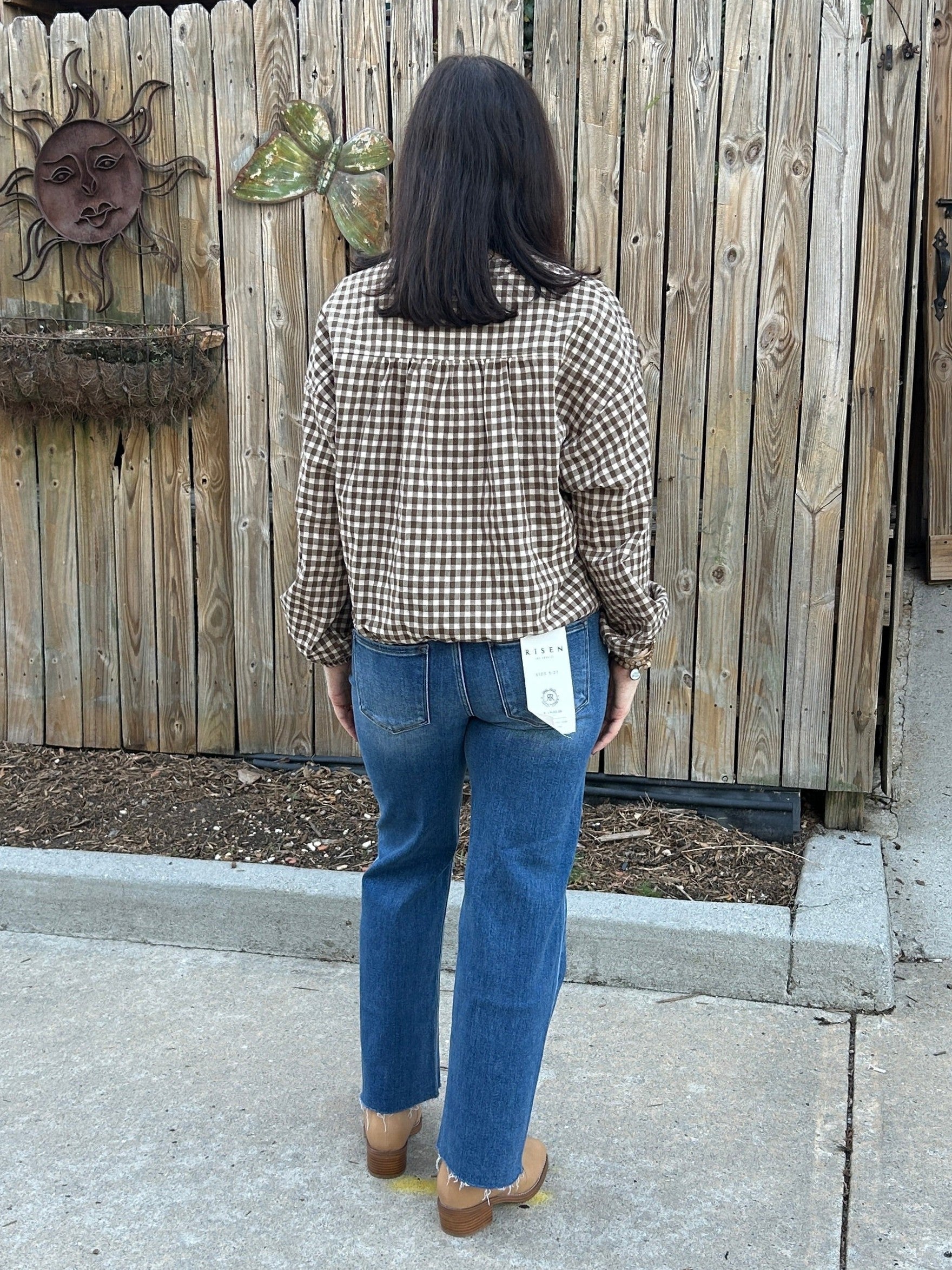 Brown & Cream Gingham Checked Top with Drawstring