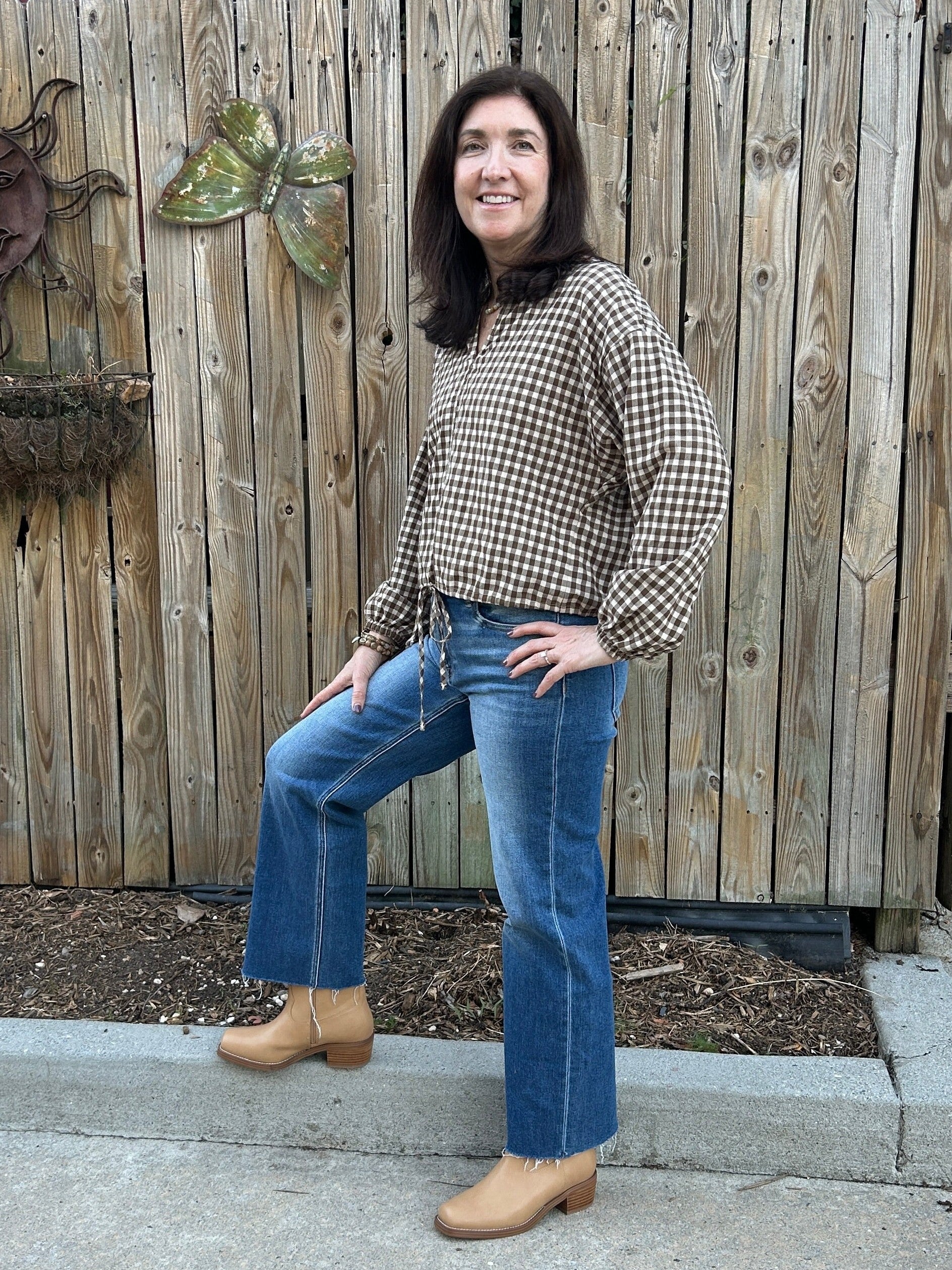Brown & Cream Gingham Checked Top with Drawstring