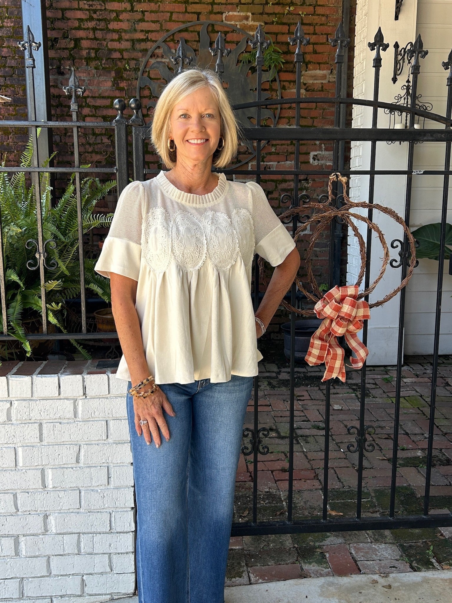 Lace Applique & Faux Sueded Top in Ivory