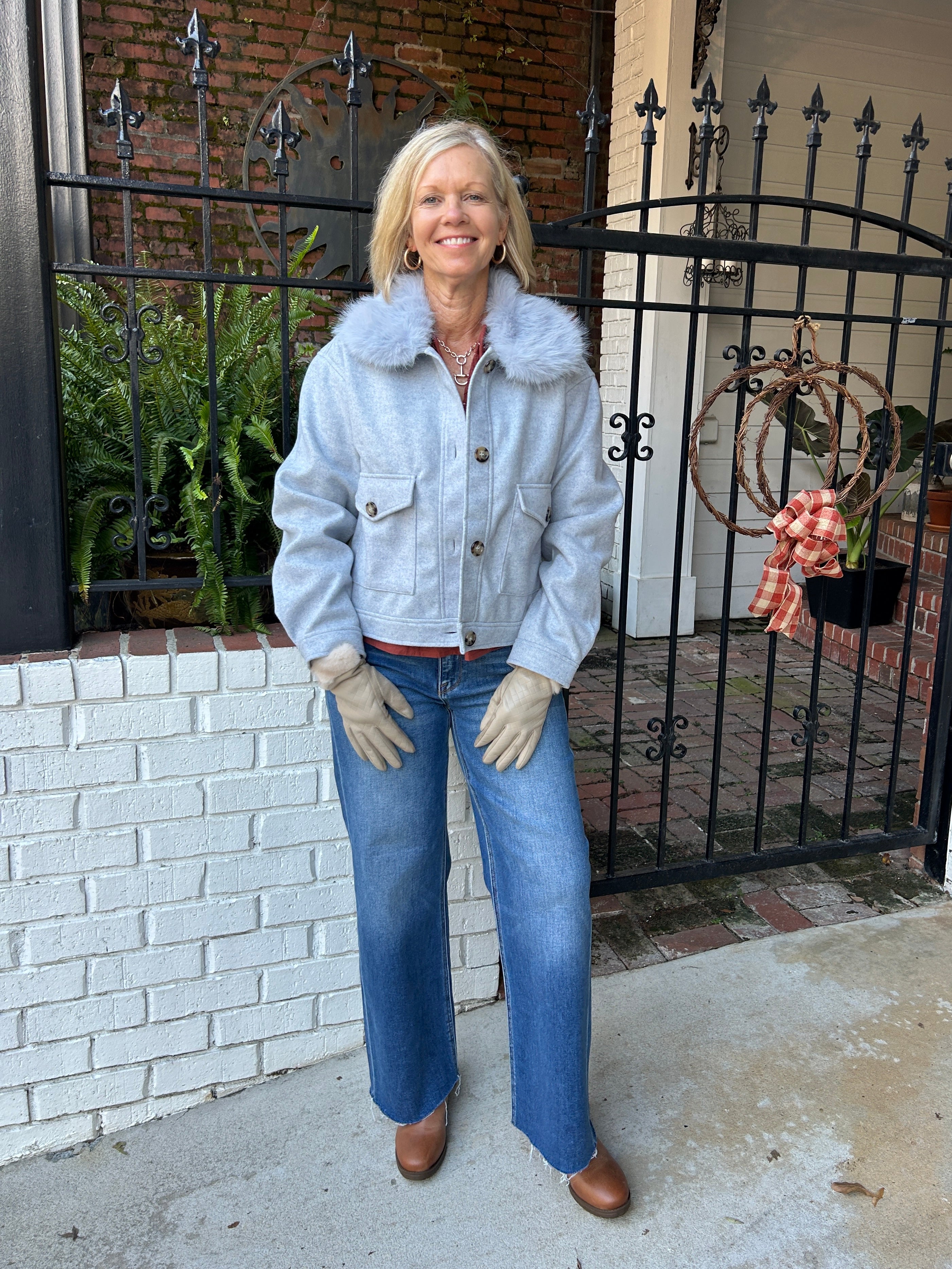Fur Collar Button Down Jacket in Winter Blue