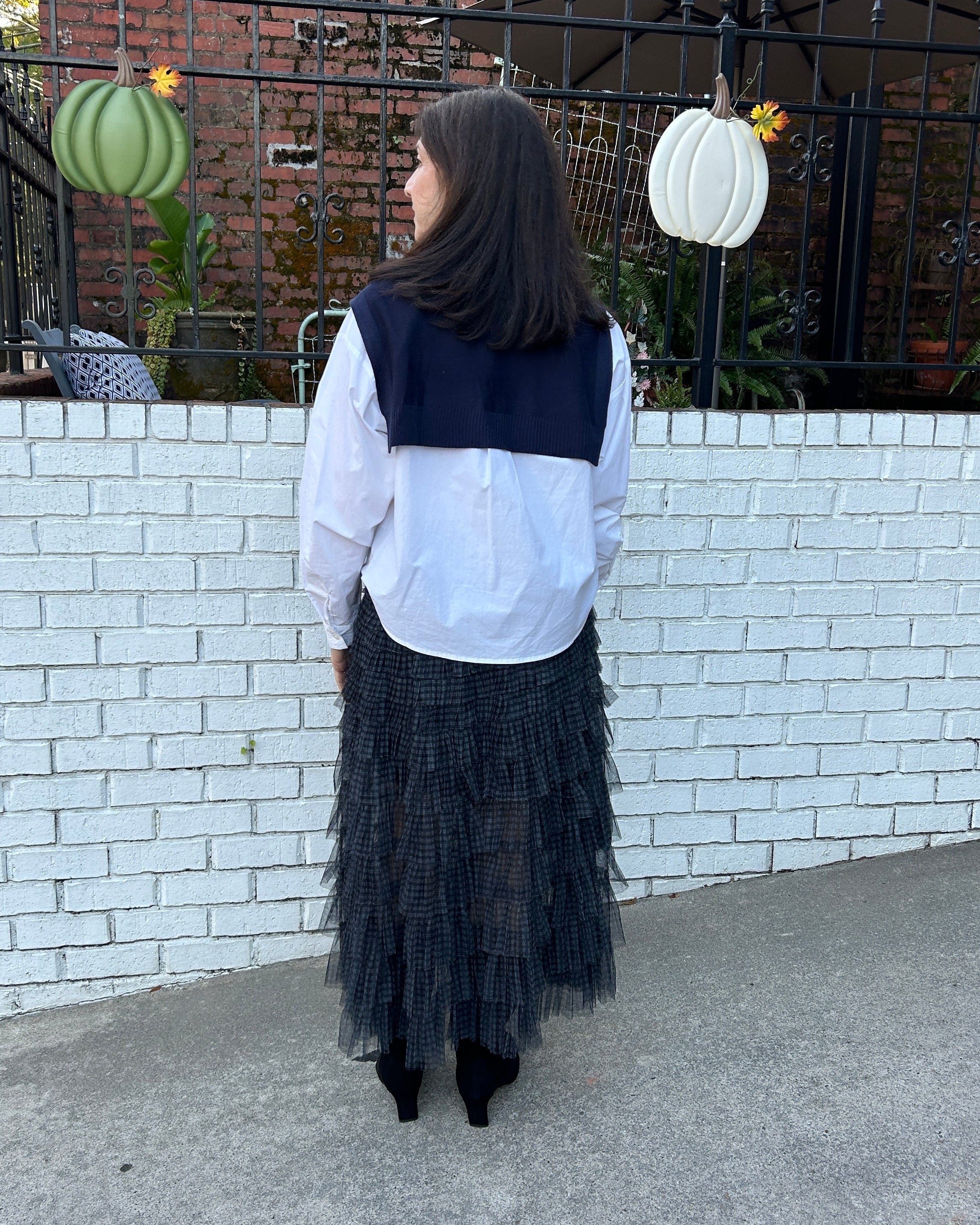 Plaid Mesh Ruffle Skirt in Navy