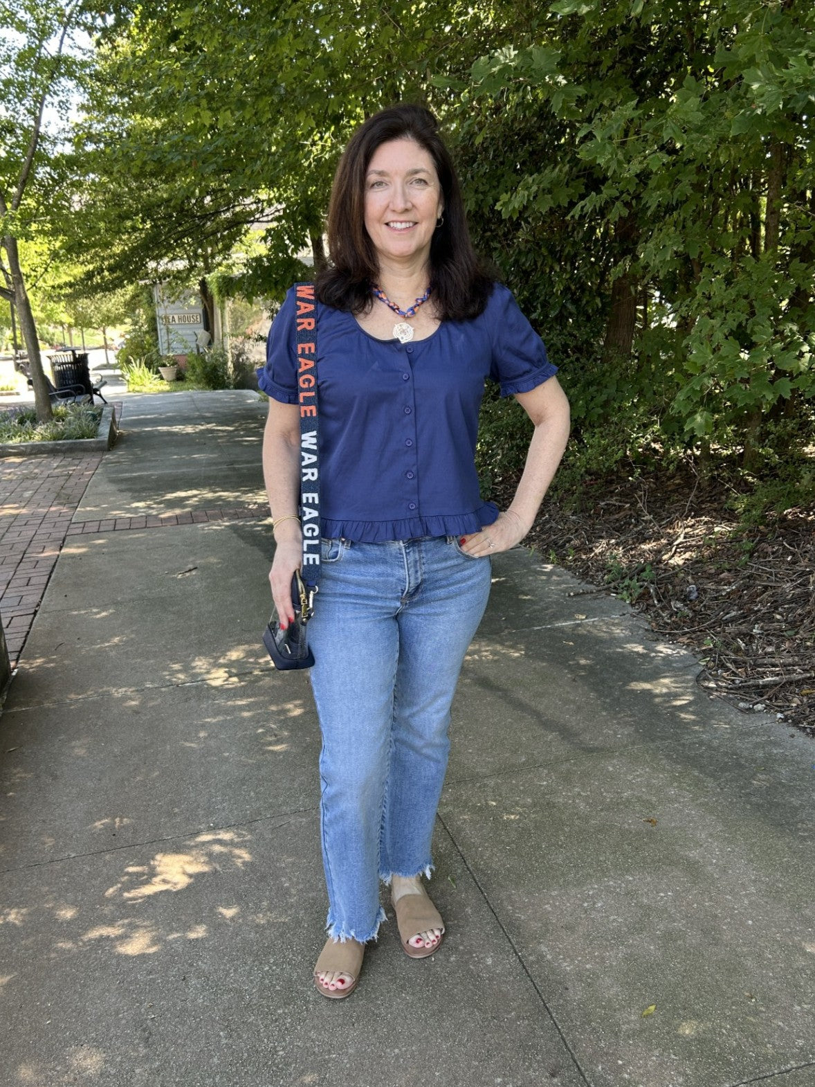 Button Up Short Sleeve Top w/ Ruffle Accents
