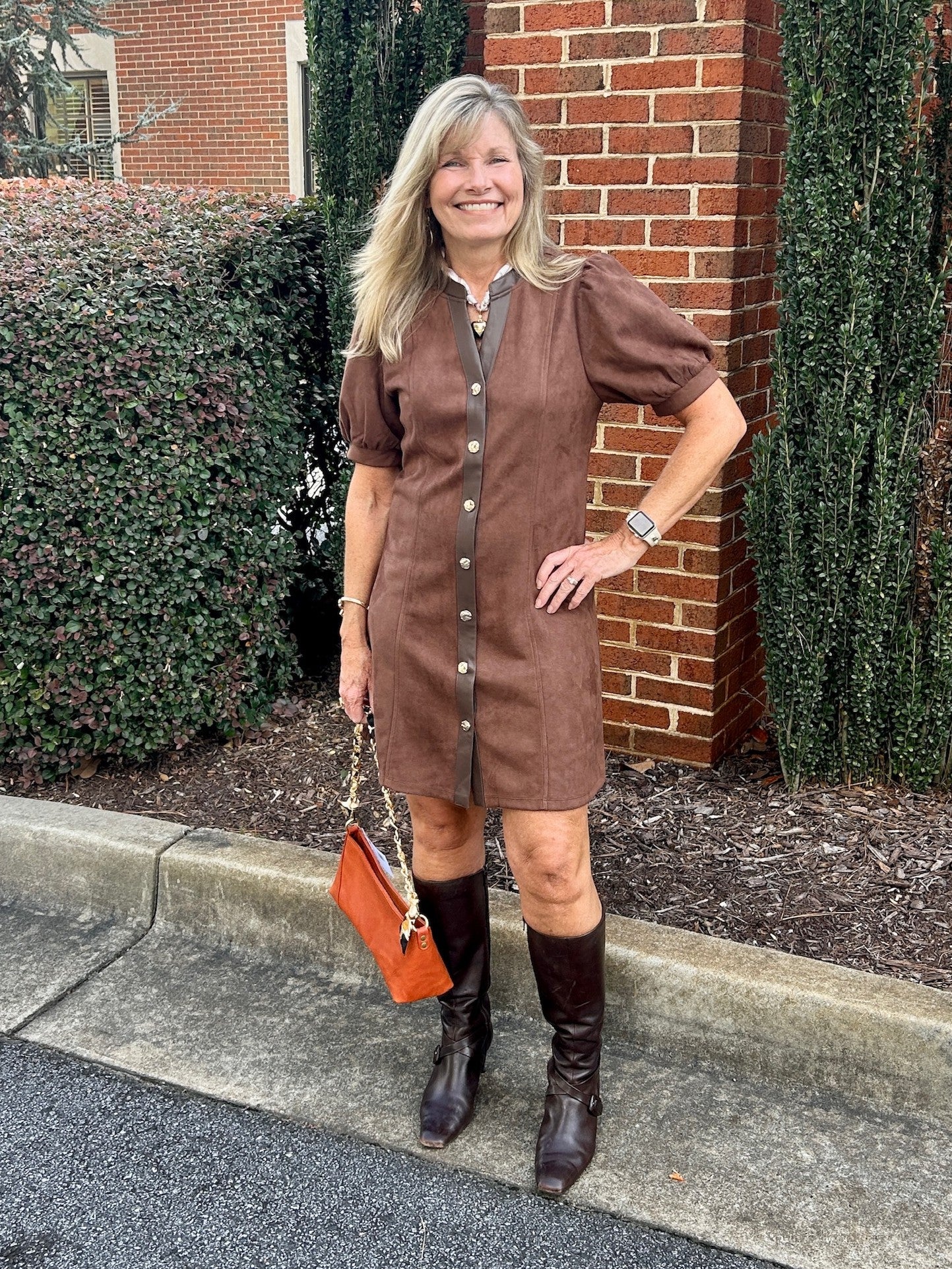 Button Front Brown Suede Dress