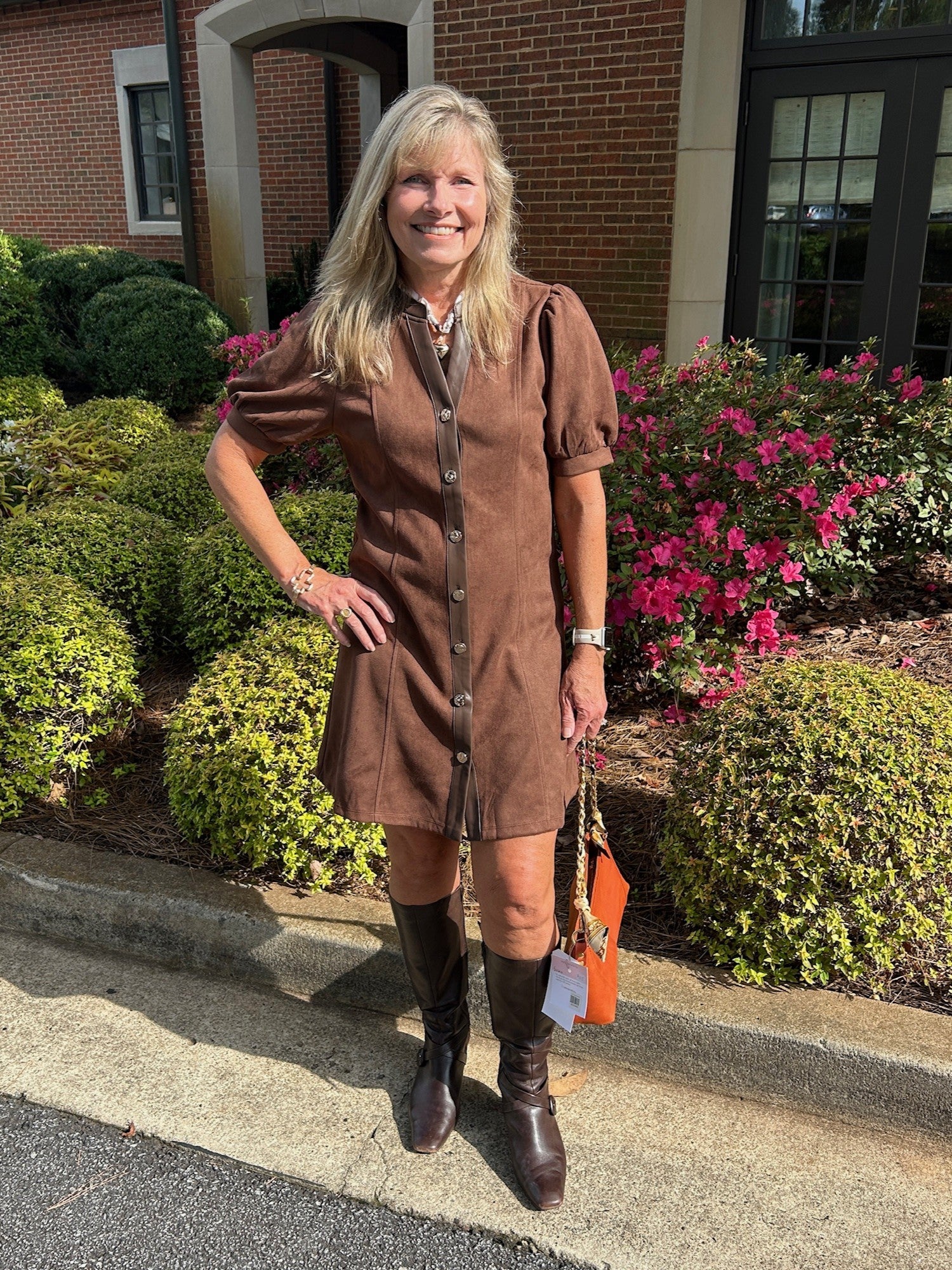Button Front Brown Suede Dress