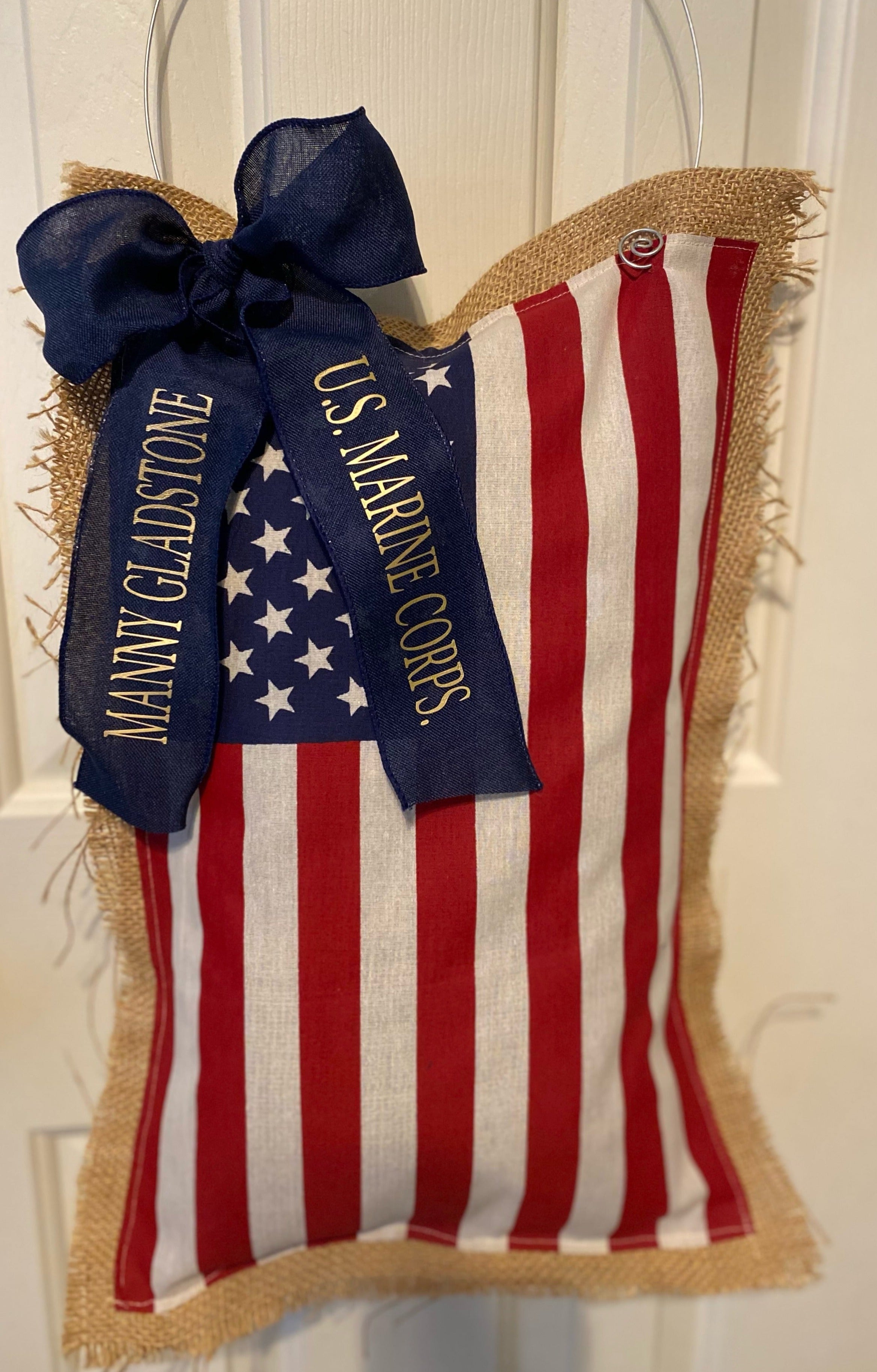 US Flag door hanger with burlap backing. great way to celebrate anyone who has served our great c0