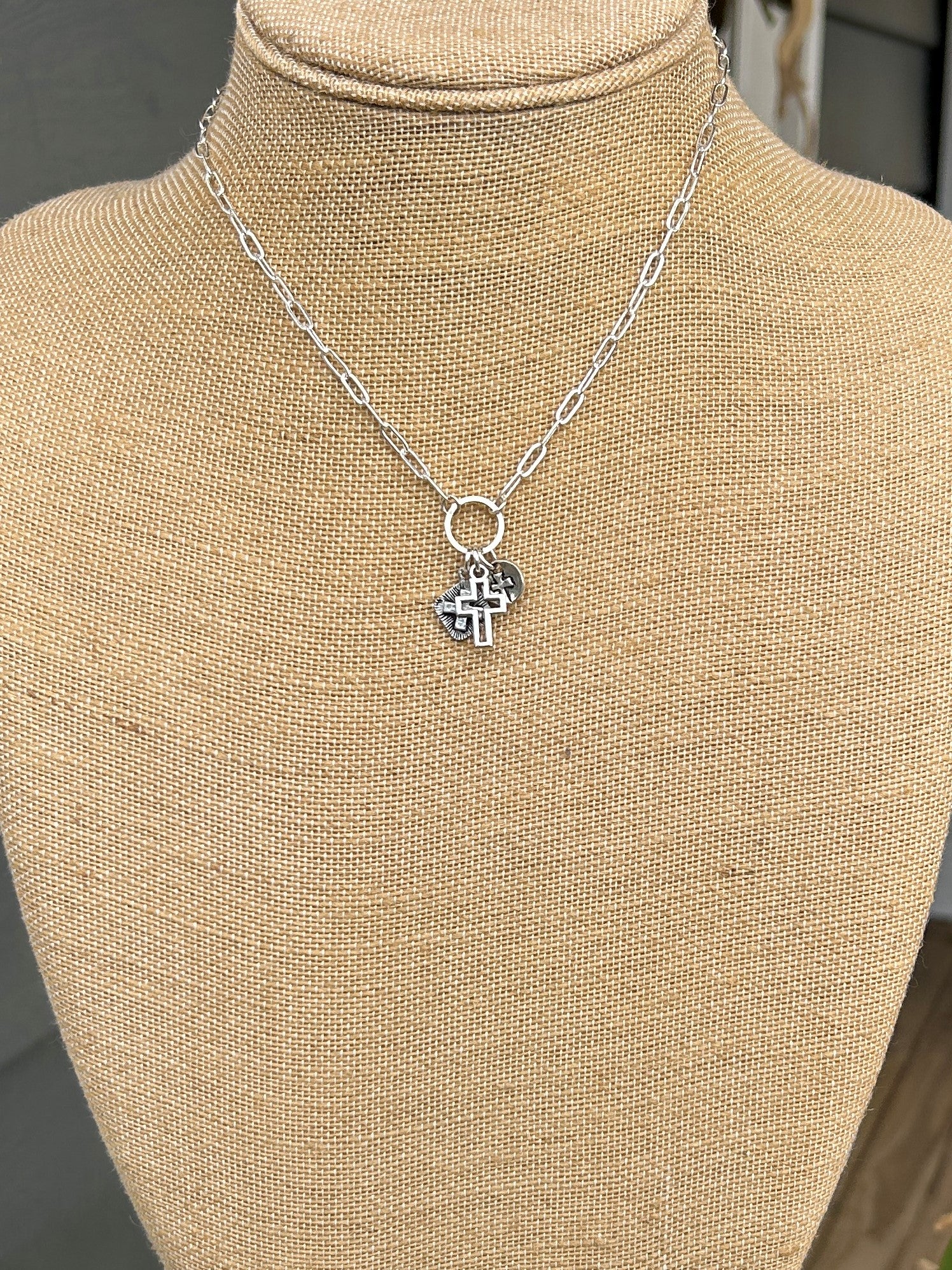 Elongated Chain Necklace with Triple Cross Drop