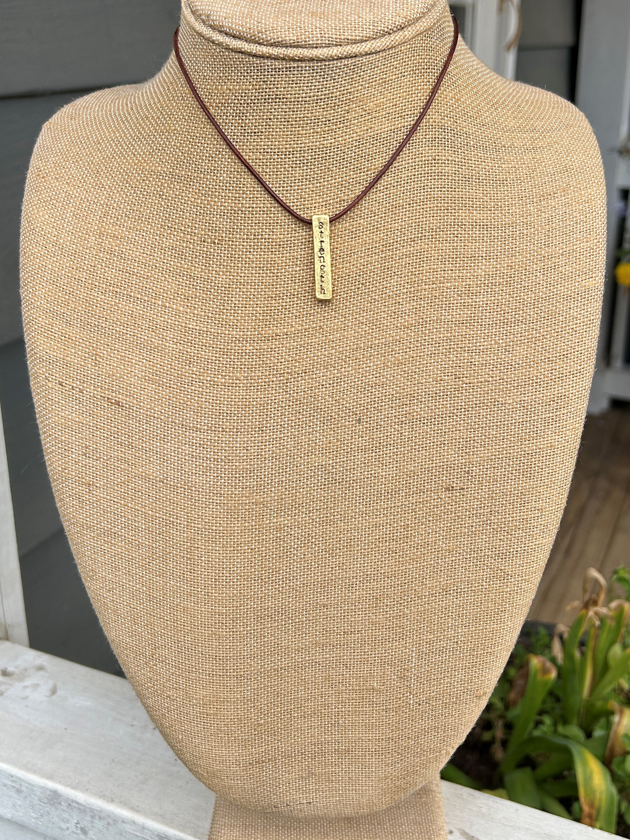 Leather Necklace with Bar Drop ("Strength")