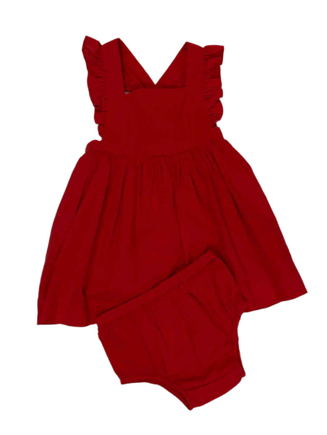 This pretty red sleeveless baby dress comes complete with matching bloomers and delicate ruffled sleeves that add a touch of charm. Perfectly designed for comfort and style, it's game day ready or ideal for any special occasion. Dress your little one in this adorable ensemble!