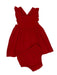 This pretty red sleeveless baby dress comes complete with matching bloomers and delicate ruffled sleeves that add a touch of charm. Perfectly designed for comfort and style, it's game day ready or ideal for any special occasion. Dress your little one in this adorable ensemble!