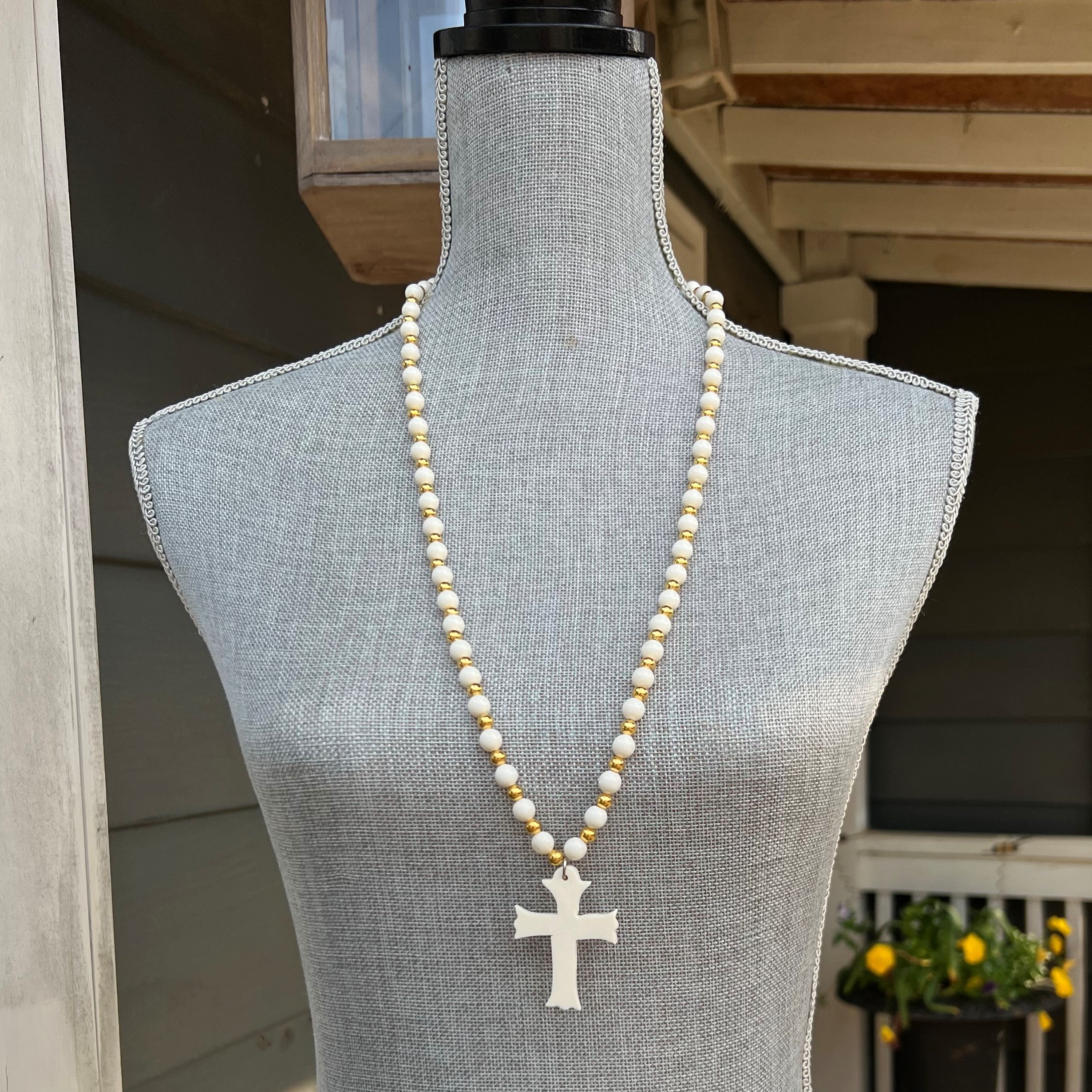 Camel Bone and Gold Beads Necklace w/ Cross