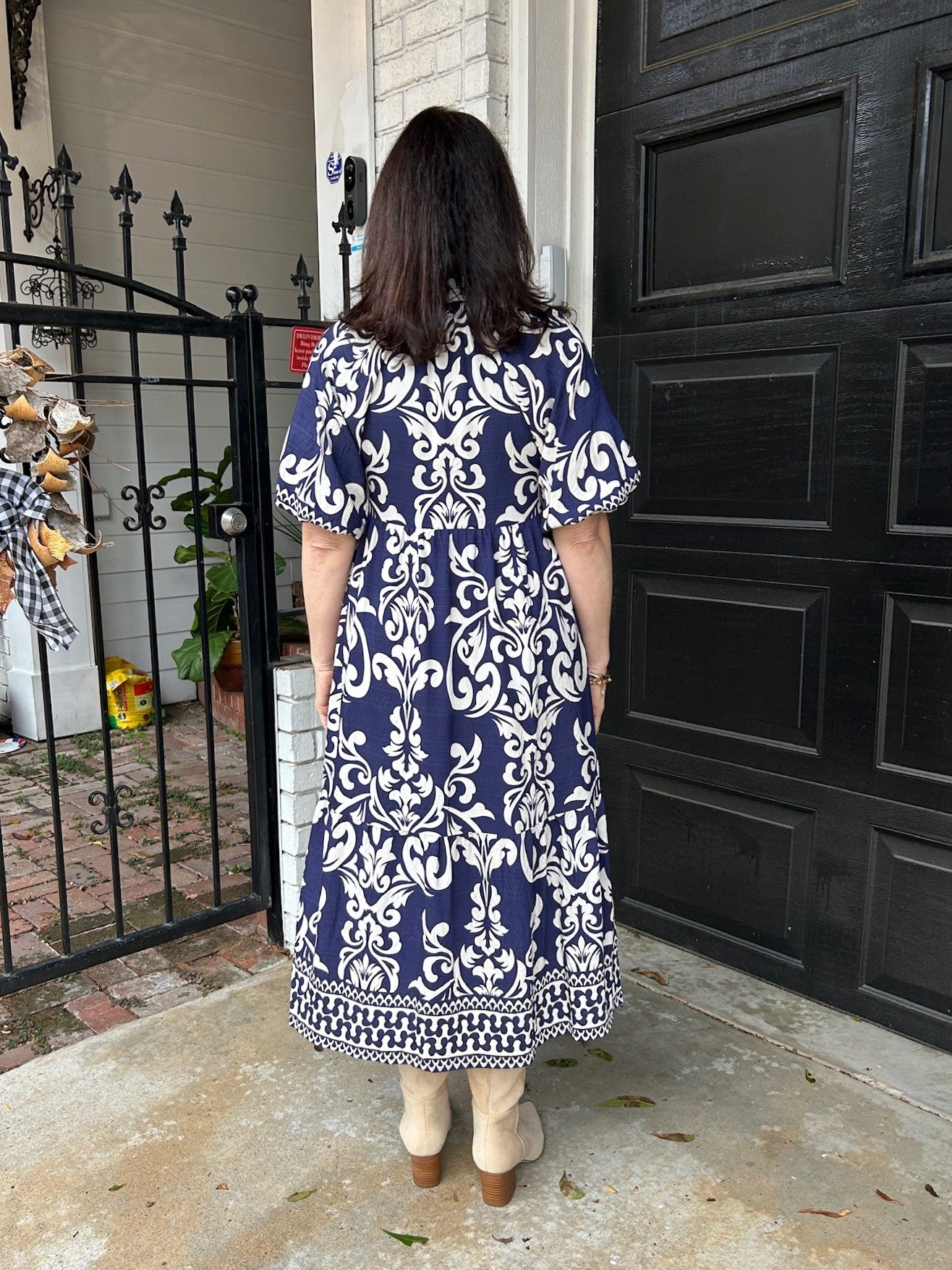 Navy Midi Dress with Creamy White Print