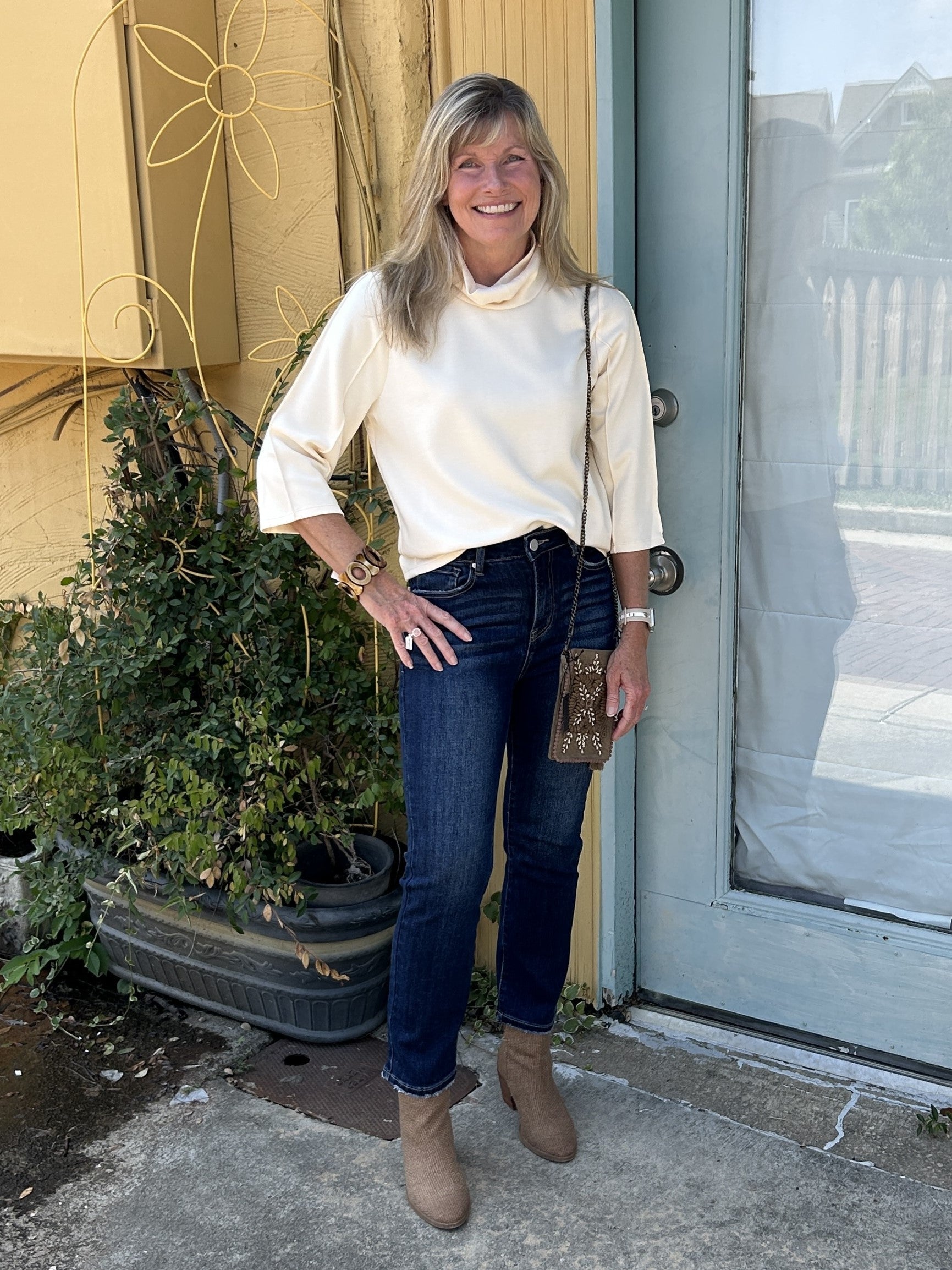 Funnel Neck Top With 3/4 Sleeves in Cream