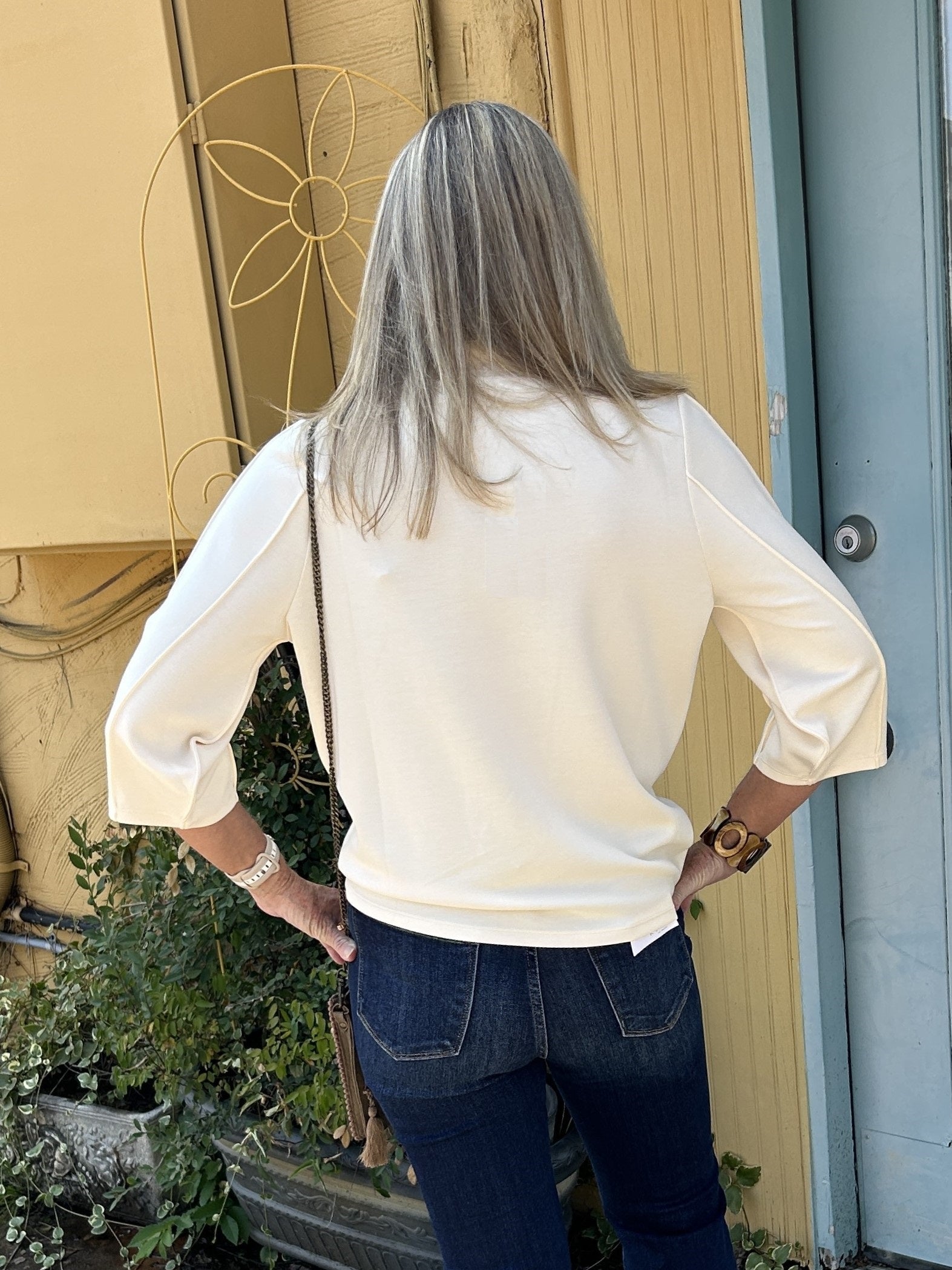 Funnel Neck Top With 3/4 Sleeves in Cream