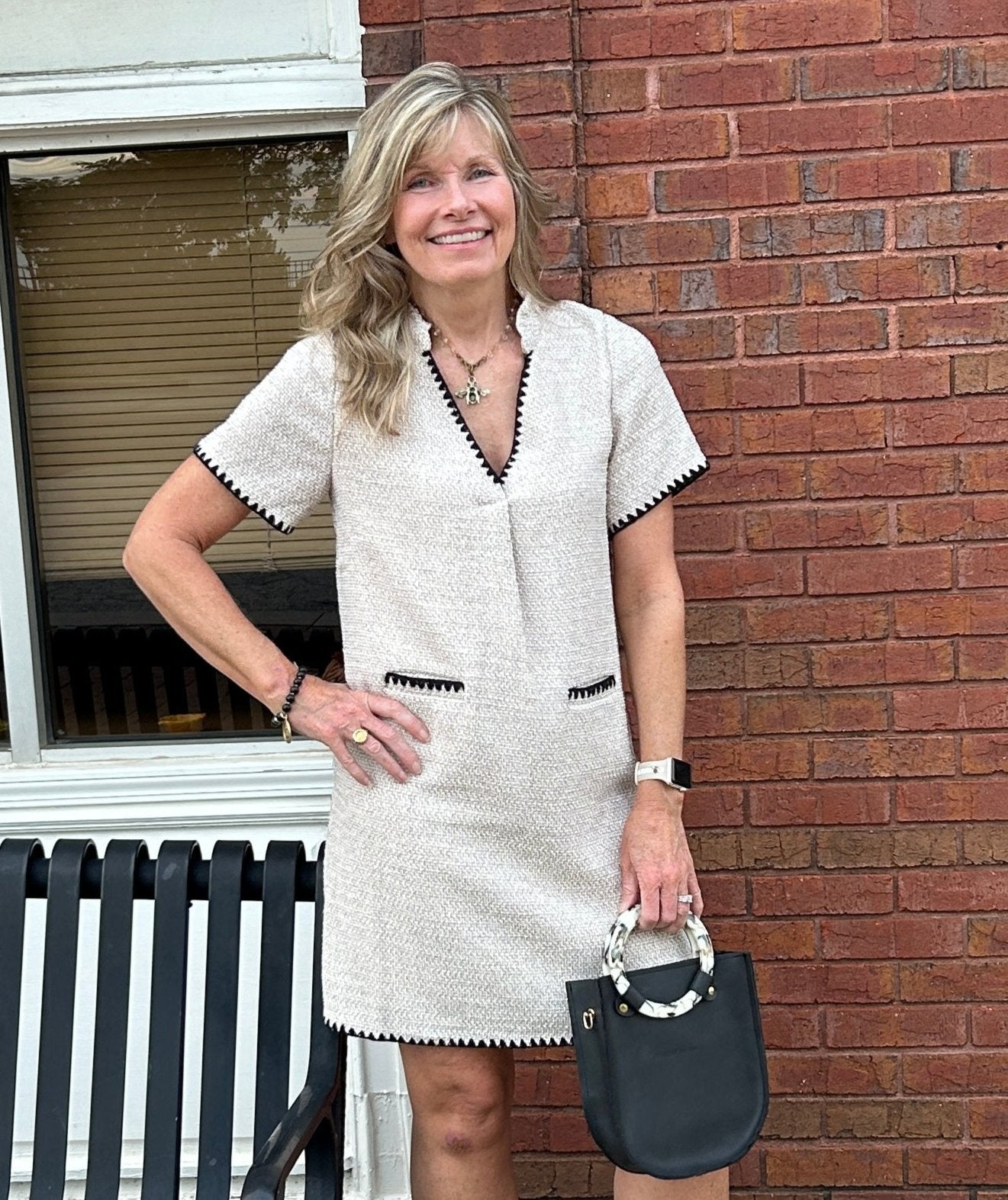 Short Sleeve Tweed Dress with Embroidered Trim