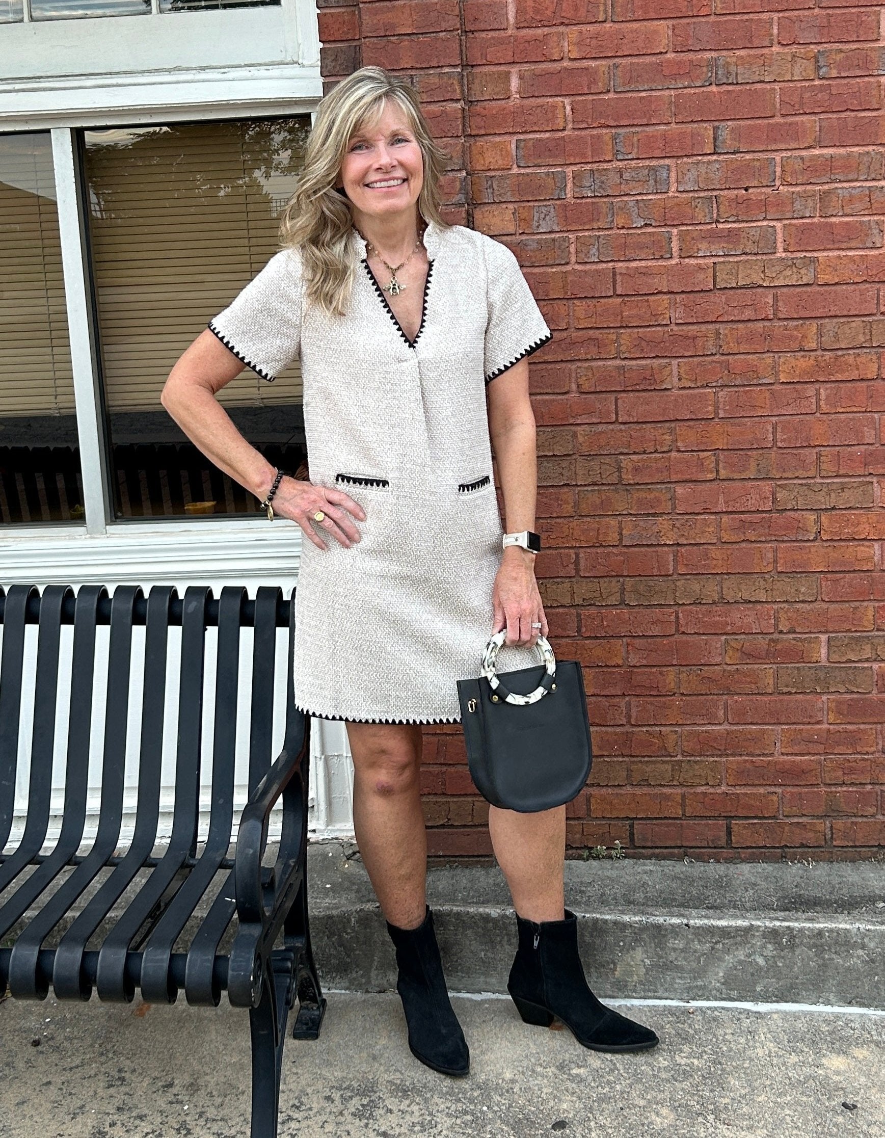 Short Sleeve Tweed Dress with Embroidered Trim