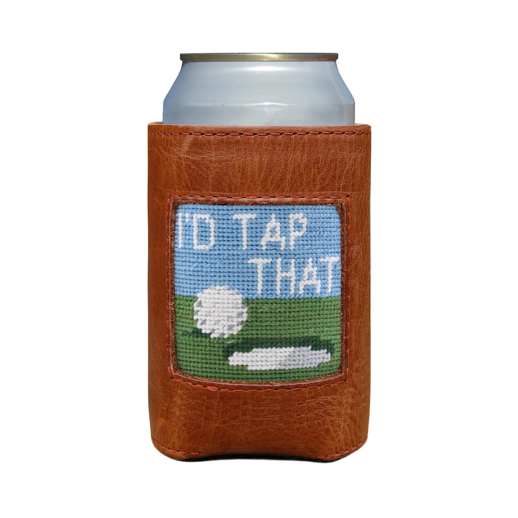 Oiled Can Coozie with Needlepoint Face