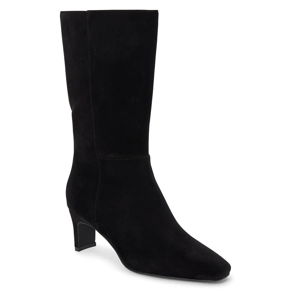 The Jensen Mid-Calf Boot combines modern elegance with conscious style. Crafted in soft black faux suede, this vegan-friendly boot features a streamlined silhouette that transitions seamlessly from day to night. The square toe and slim heel create a contemporary profile, while the mid-calf cut offers versatile styling options. Perfect for those seeking sophistication without compromise.