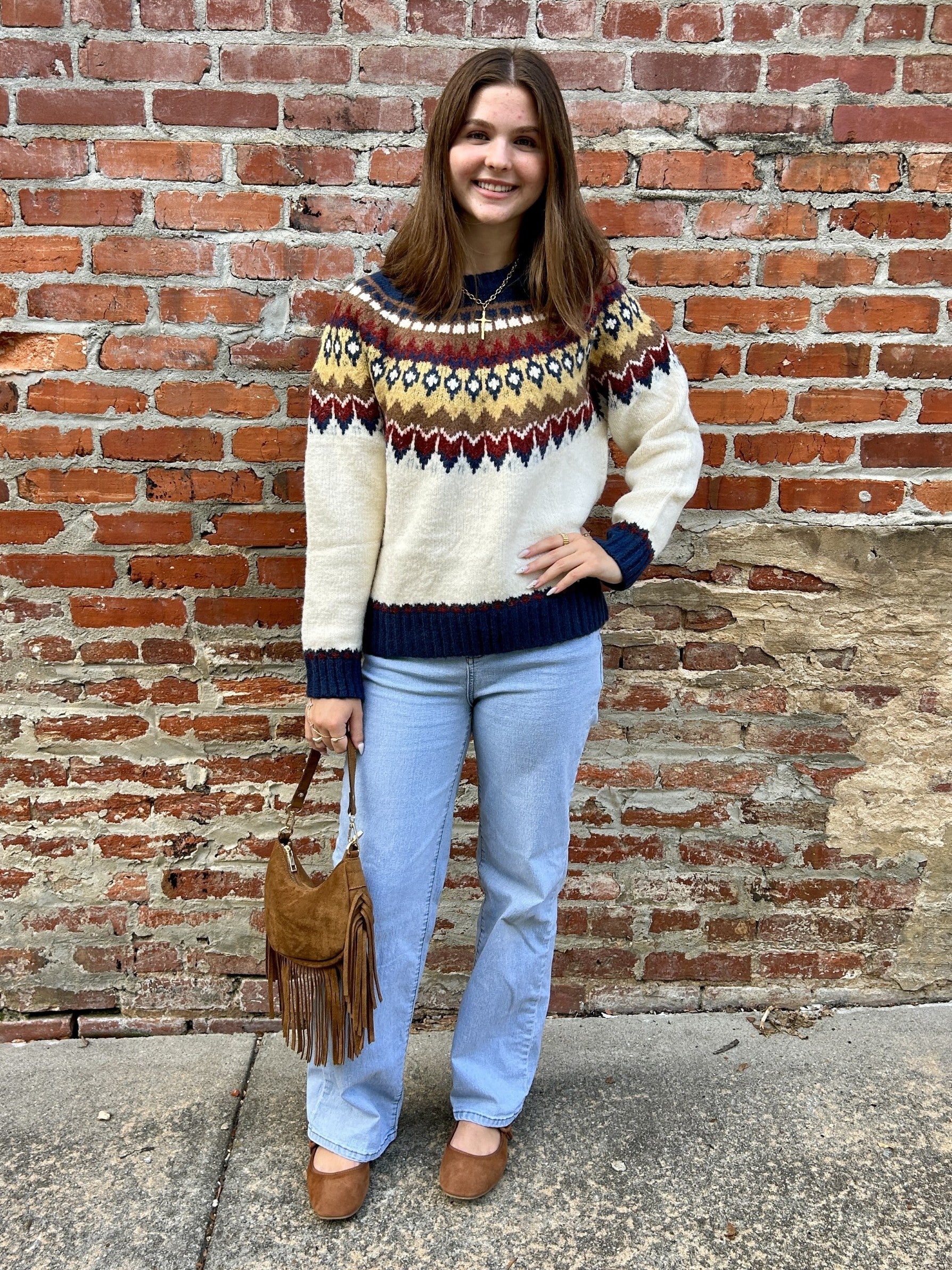 Fair Isle Pattern Knit Sweater in Ivory/Multi