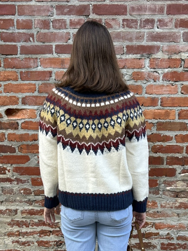 Fair Isle Pattern Knit Sweater in Ivory/Multi