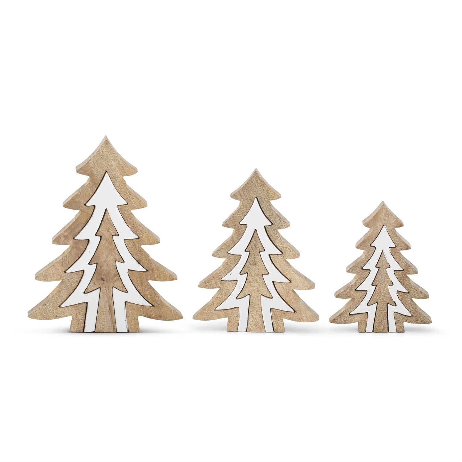 Celebrate the season with our Wood &amp; Enameled Trees, available in various sizes. The beautiful combination of wood and white enamel adds a touch of elegance. Use it for a faith-based display or as a seasonal decoration.

Dimensions:

Small: 7.75"H x 6"W x 1.5"D
Medium: 9.75"H x 7.5"W x 1.5"D
Large: 11.75H x 9.25W x 1.5D

Each size sold separately.