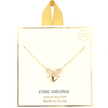 This delicate gold necklace combines timeless charm with modern sparkle. The dainty rhinestone bow centerpiece frames a sweet heart detail, creating a piece that's both playful and polished. The fine chain ensures comfortable everyday wear while the glittering bow adds an instant touch of glamour to any look.&nbsp; special.

Length: 16-18"
