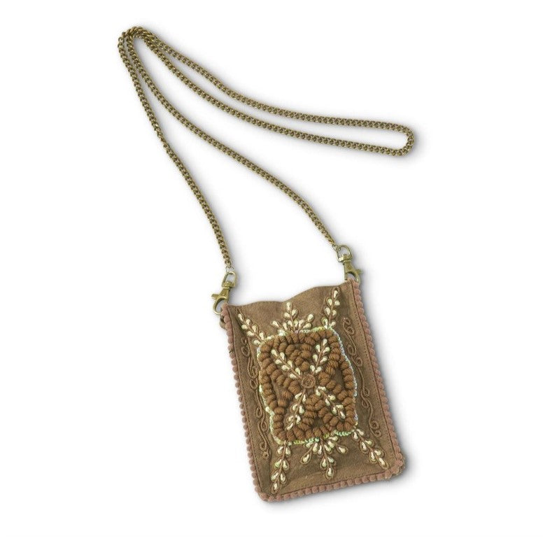 Brown Embroidered Cell Phone Bag
