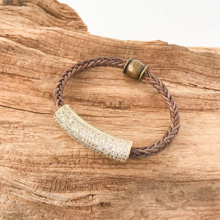 Leather Bracelet w/ Pave Tube Accent