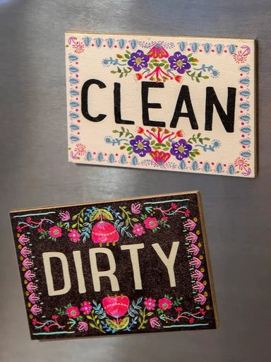 Keep your dishwasher organized with this charming double-sided magnet. Flip it to show whether your dishes are clean or dirty at a glance. Features elegant gold edge foil detailing and works with most magnetic dishwashers. A practical and stylish kitchen essential that adds a touch of personality to your appliance.

Dimensions:&nbsp;4in L x 2.78in W

Material:&nbsp; Wood