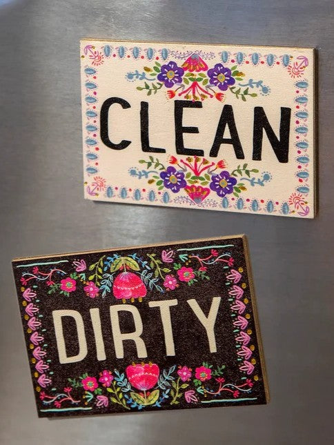 Keep your dishwasher organized with this charming double-sided magnet. Flip it to show whether your dishes are clean or dirty at a glance. Features elegant gold edge foil detailing and works with most magnetic dishwashers. A practical and stylish kitchen essential that adds a touch of personality to your appliance.

Dimensions:&nbsp;4in L x 2.78in W

Material:&nbsp; Wood