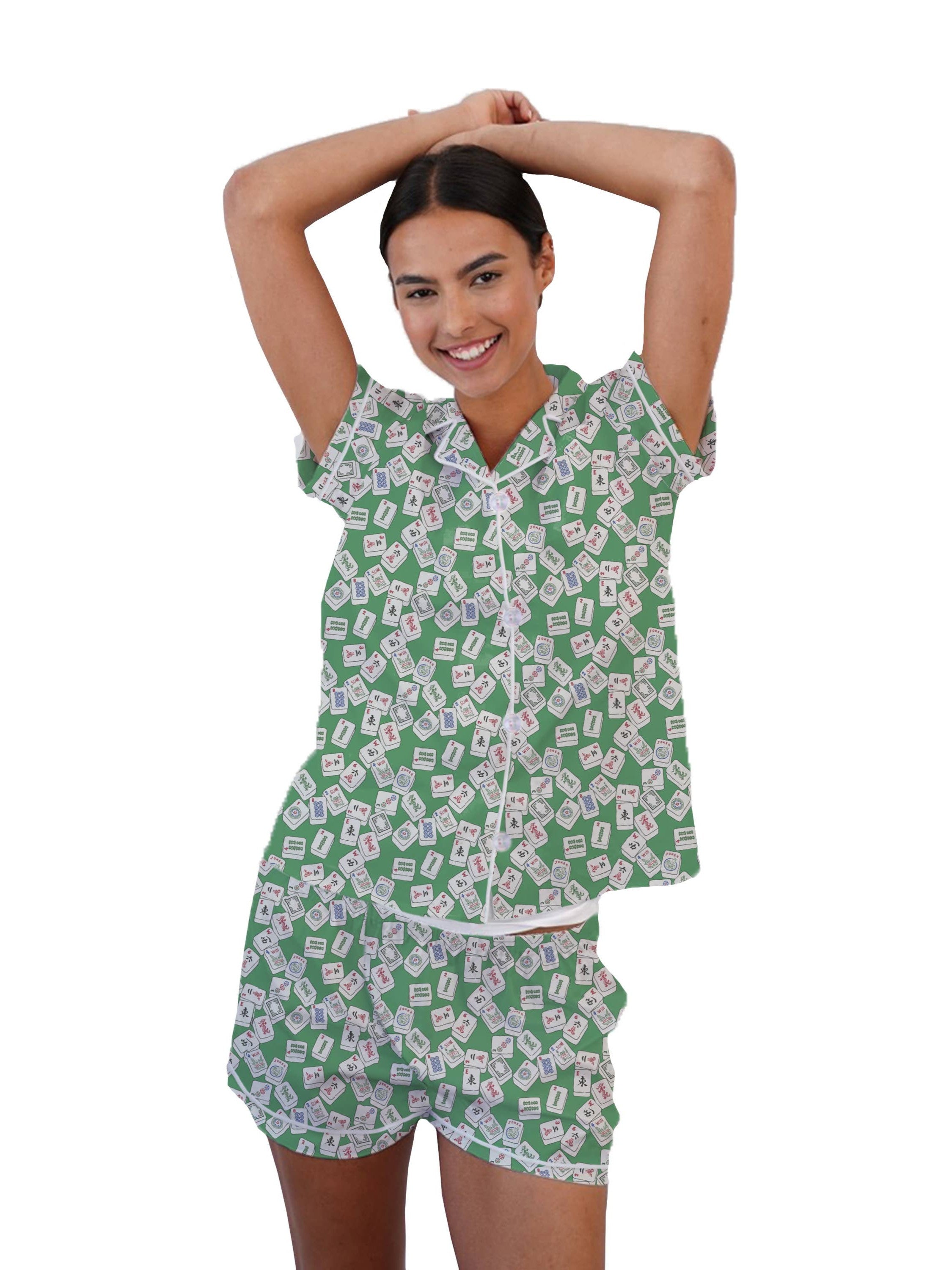 Slip into comfort with our Mahjong-themed Pajama Short Set, where playful style meets serious comfort. Crafted from lightweight, cooling materials, these pajamas actively regulate your body temperature while moisture-wicking fabric keeps you dry and comfortable all night long. Whether you're lounging on the couch or drifting off to sleep, this fun set transforms your downtime into a cozy escape. Perfect for anyone who loves a touch of whimsy with their wellness routine.

Material: Lux Sateen Cotton