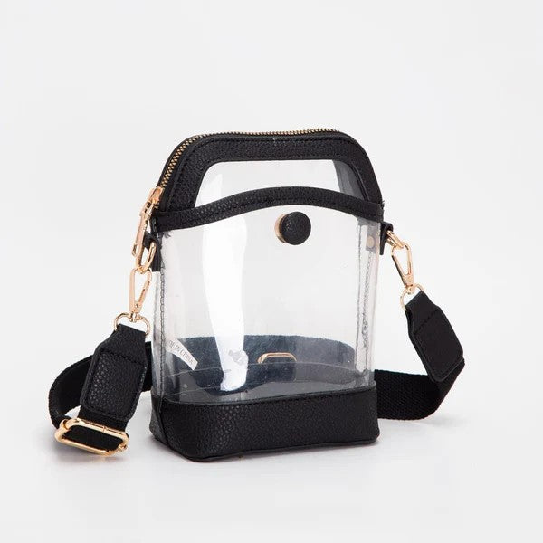 You’ll be game day ready with these "stadium approved" mini clear bags. You'll love these bags to show your team spirit. These mini bucket bags are just the right size for your essentials. Plus they are so cute!  Camera Bag Style   Zip closure Gold hardware Front button pocket Removable and adjustable shoulder strap 6 x 8 x 3"