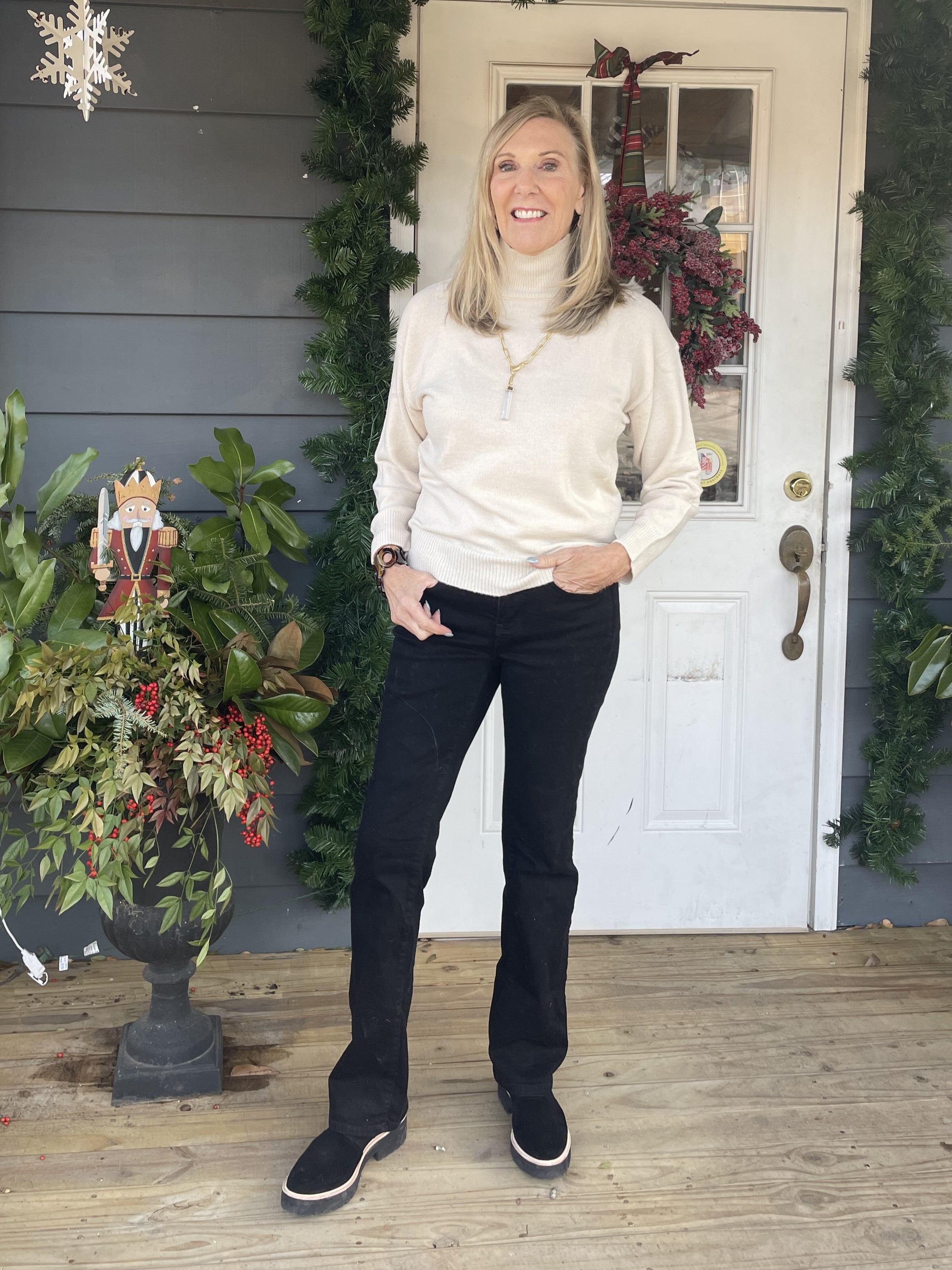 This Mock Neck Sweater is the perfect wardrobe staple! With a classic mock neck, it transitions easily from season to season. Made of lightweight fabric, it's great for layering and will keep you cozy and comfortable all day long.  One Size Fits Most  Material: 58% Acrylic / 27% Nylon / 10% Wool  Care Instructions: Hand wash cold, hang/flat dry