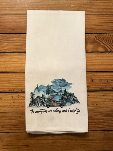 The perfect hostess gift when you visit your mountain/camping friends, or for your own mountain retreat! Accented in shades of green and blue, this tea towel is so beautiful .  Material: ​100% Polyester  Care Instructions: Wash with warm water, tumble dry low heat
